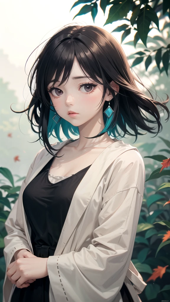 (High Detail:1.2) Anime Girl, (Cinematic Lighting, Delicate Colors), (Falling Leaves:1.2), Lighting Calm, Wind, Fog. Turquoise, delta tones.