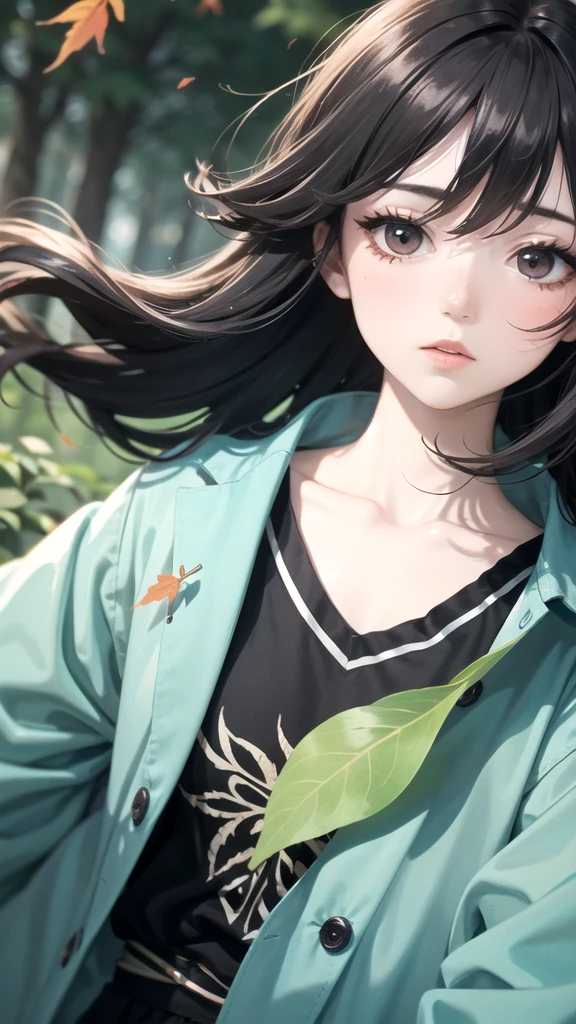 (High Detail:1.2) Anime Girl, (Cinematic Lighting, Delicate Colors), (Falling Leaves:1.2), Lighting Calm, Wind, Fog. Turquoise, delta tones.