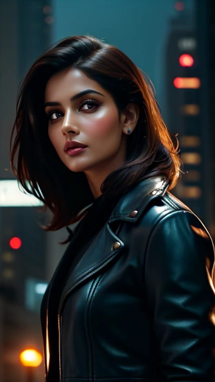 [[Flirty Gaze]] Portrait of Indian most beautiful and attractive Punjabi woman in her 40s as a beautiful female model, Georgia Fowler, beautiful face, with short dark brown hair, in cyberpunk city at night. She is wearing a dark blue leather jacket,
