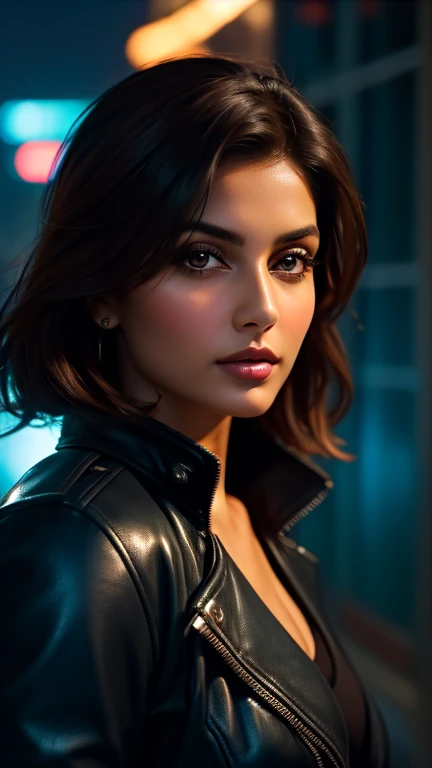 [[Flirty Gaze]] Portrait of Indian most beautiful and attractive Punjabi woman in her 40s as a beautiful female model, Georgia Fowler, beautiful face, with short dark brown hair, in cyberpunk city at night. She is wearing a dark blue leather jacket,
