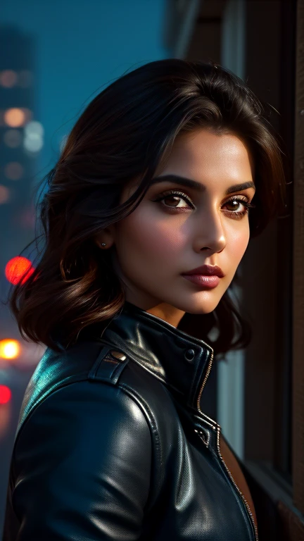 [[Flirty Gaze]] Portrait of Indian most beautiful and attractive Punjabi woman in her 40s as a beautiful female model, Georgia Fowler, beautiful face, with short dark brown hair, in cyberpunk city at night. She is wearing a dark blue leather jacket,
