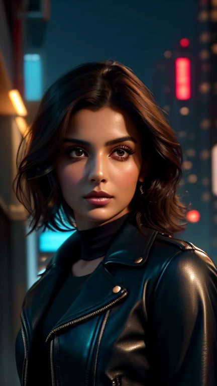 [[Flirty Gaze]] Portrait of Indian most beautiful and attractive Punjabi woman in her 40s as a beautiful female model, Georgia Fowler, beautiful face, with short dark brown hair, in cyberpunk city at night. She is wearing a dark blue leather jacket,
