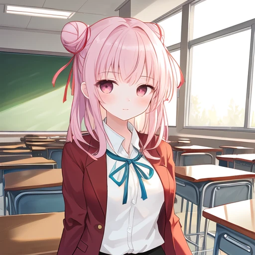 One girl、、Pink Hair、Tying a bun、Red blazer、ribbon、skirt、classroom、whole body