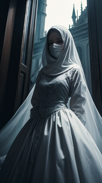 Ghost in white gown, hands raise like puppet, full frame, ultra realistic, detailed, black background