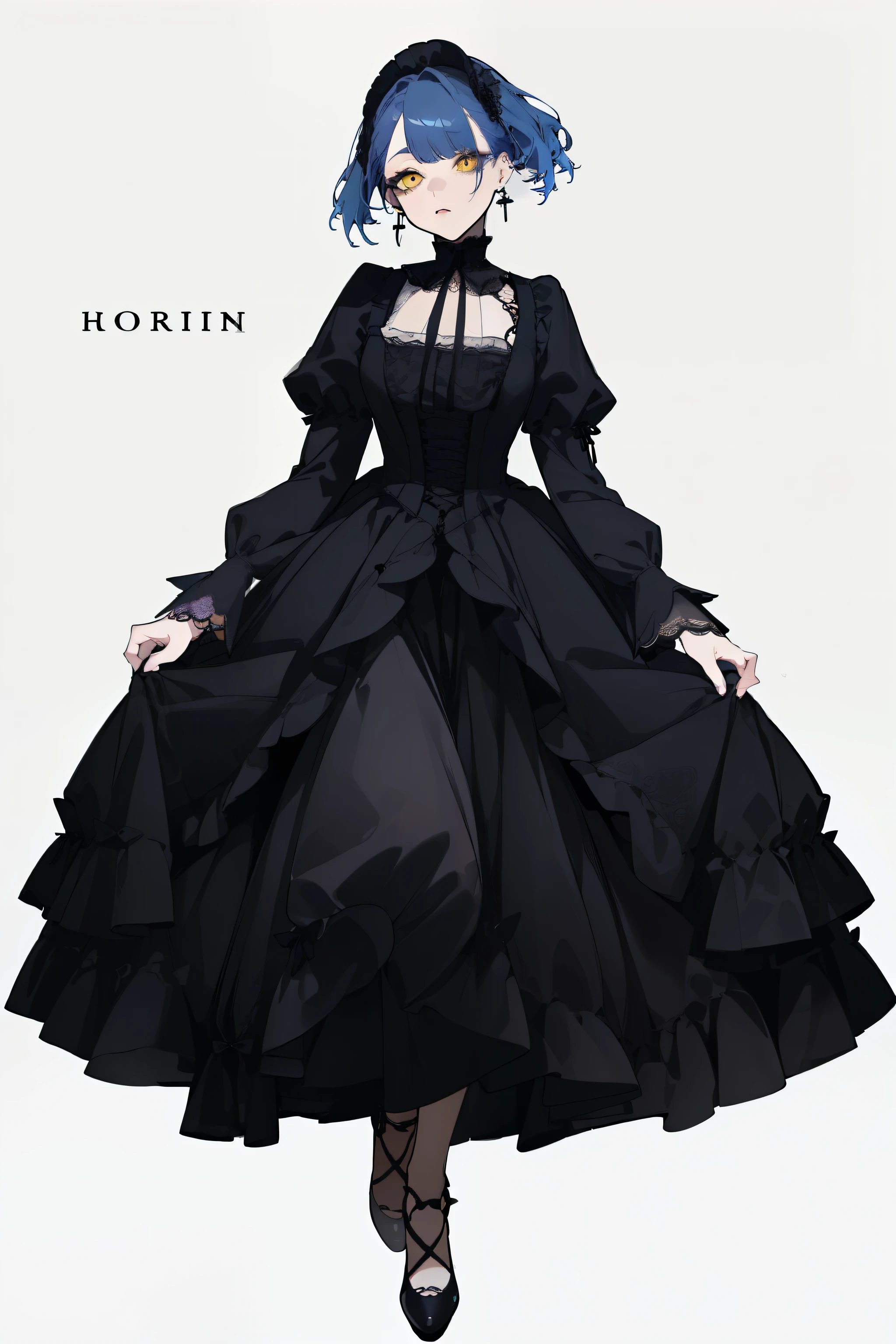 (highest quality、masterpiece:1.2), ((Mature Woman))Huge , Adult face、Blue Hair、Both sides up、Yellow Eyes, (Dark eyeshadow、Lots of earrings) Gothic Dress, Black Dress, Victorian dress,whole body,model,modeling,White background,whole body立ち絵,Down to the shoes