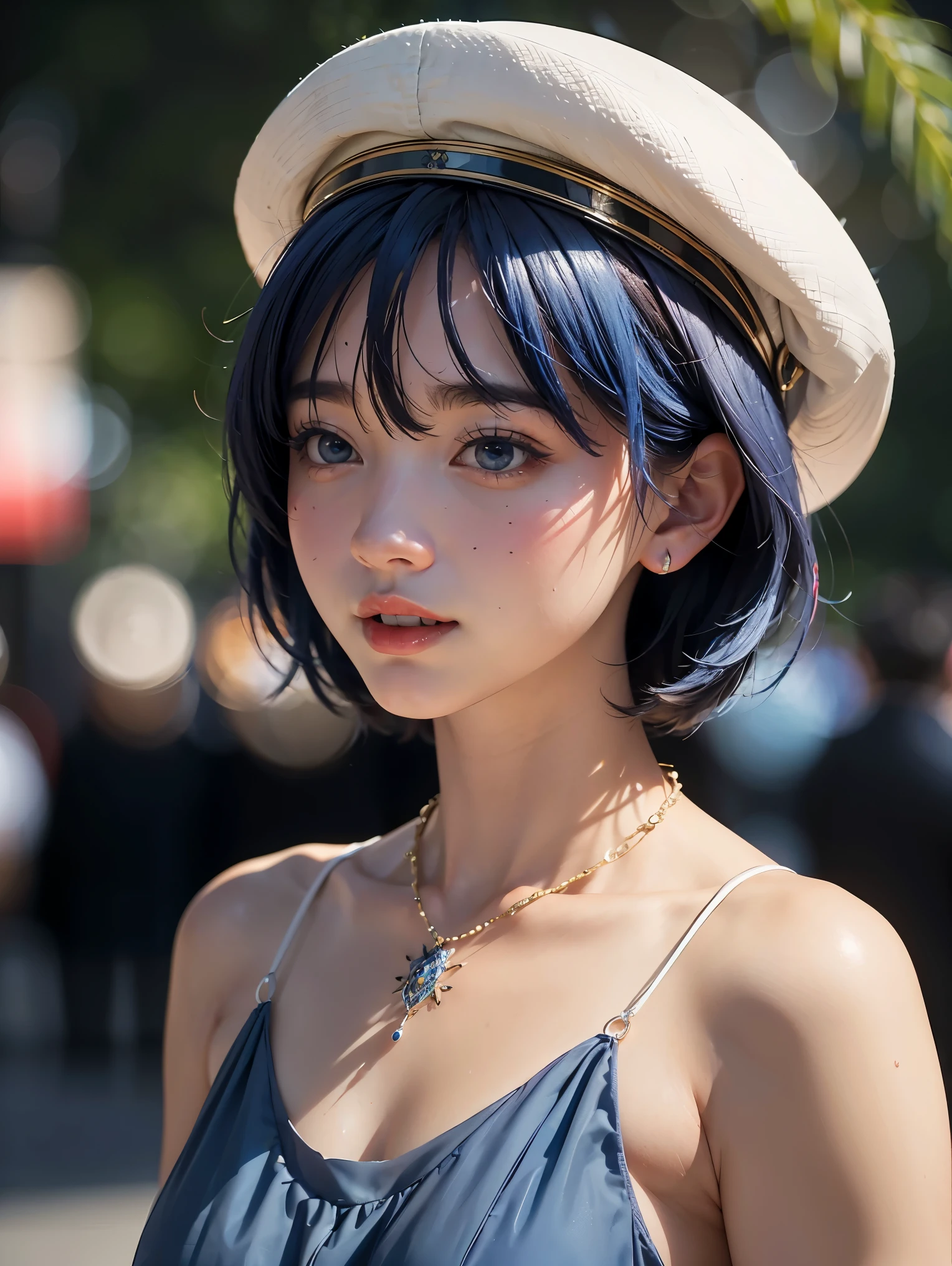 Masterpiece, best quality, high quality, very detailed CG uniform 8k wallpaper, 1girl, solo, blue hair, tattoo, short hair, hat, jewelry, smile, necklace, looking at the audience, hat, realistic, open mouth, teeth, upper body, vest, nose, bare shoulders, artist name, black tiara, collarbone, arm tattoo, blue eyes, lips, blur, oil painting, award winning photography, bokeh, depth of field, HDR, bloom, chromatic aberration, realism, very detailed, artstation Intricate, High Detail, dramatic, art by midjourney