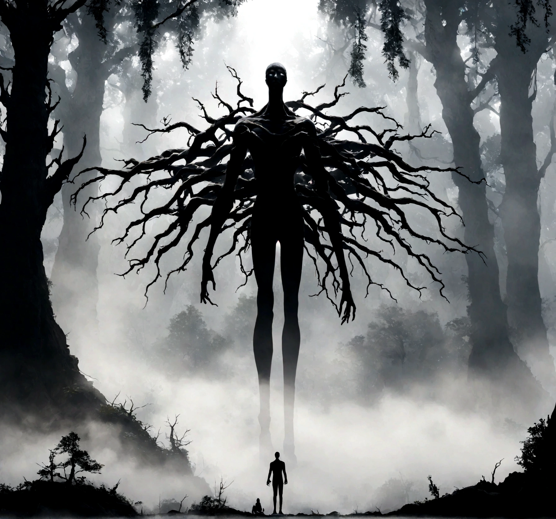 A photorealistic image of a tall, slender silhoute of man standing amidst a dense, foggy forest of gnarled trees. The figure is silhouetted against the fog, and its only discernible features are its glowing white eyes. The figure's arms are outstretched, and its fingers are long and thin. It appears to be floating above the ground.