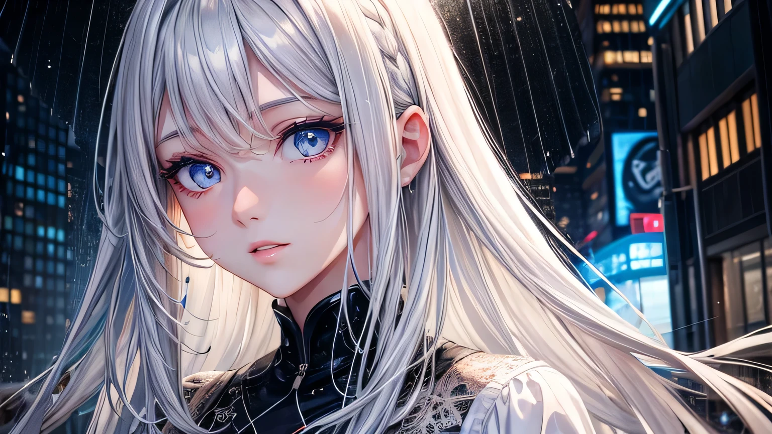 Beauty,1.3, Beautiful Hair: 1.2,1.2,City of night,Rainy Town,1.1, Ultra-high resolution, Accurate, Super detailed, Textured skin, High detail, highest quality, 8k,Thin bangs,Upper Body,Well-drawn eyes, Focus on the face,Detailed hair depiction,Detailed depiction of eyes、Detailed depiction of hair,The city where it is raining,Beautiful silver hair,Pale colored eyes,oversized white shirt,