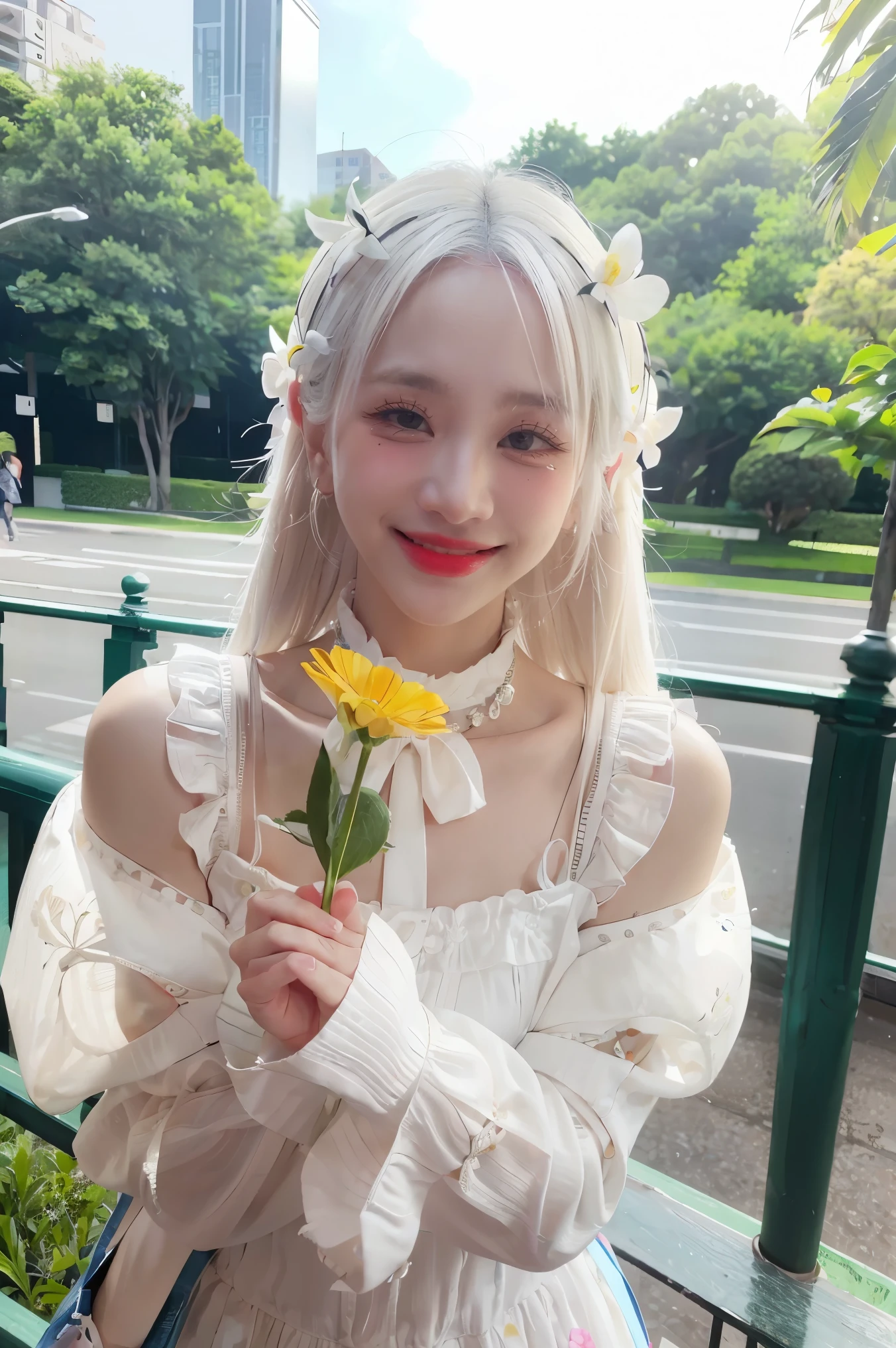 masterpiece, best quality, 1girl, white hair, smiling, looking at viewer, adult, fully mature, holding flower