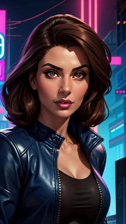 [[Flirty Gaze]] Portrait of Indian most beautiful and attractive Punjabi woman in her 40s as a beautiful female model, Georgia Fowler, beautiful face, with short dark brown hair, in cyberpunk city at night. She is wearing a dark blue leather jacket,
