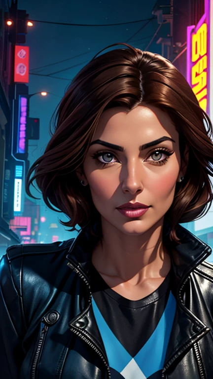 [[Flirty Gaze]] Portrait of Indian most beautiful and attractive Punjabi woman in her 40s as a beautiful female model, Georgia Fowler, beautiful face, with short dark brown hair, in cyberpunk city at night. She is wearing a dark blue leather jacket,
