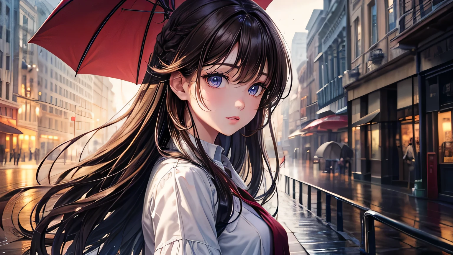 Beauty,1.3, Beautiful Hair: 1.2,1.2,City of night,Rainy Town,1.1, Ultra-high resolution, Accurate, Super detailed, Textured skin, High detail, highest quality, 8k,Thin bangs,Upper Body,Well-drawn eyes, Focus on the face,Detailed hair depiction,Detailed depiction of eyes、Detailed depiction of hair,The city where it is raining,Beautiful brown hair,Pale colored eyes,oversized white shirt,