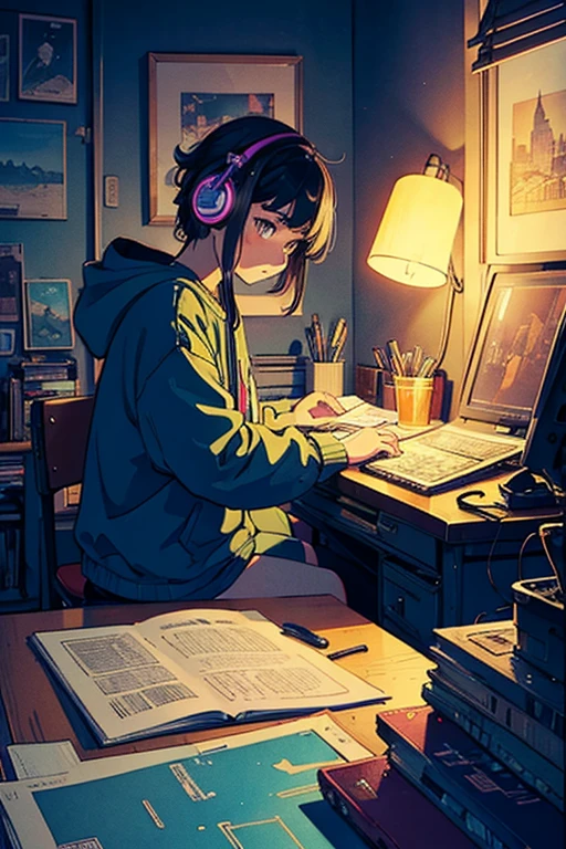 (zero), Study in your room, I read a book, Use headphones, , Nightlight, Neon scenery on a rainy day,Analog Color Theme, Lo-fi Hip Hop , retrospective, flat, 2.5D ,Draw a line, Digital ink drawing, Great slope, Watercolor, Gushcore, Studio Ghibli style, amazing colors, Exterior Ton, Synthwave, Arte Roffie,90s Style,Old Texture, amplitude,90s vibe, Tabletop, Amazing technology, 16:Scale 9
