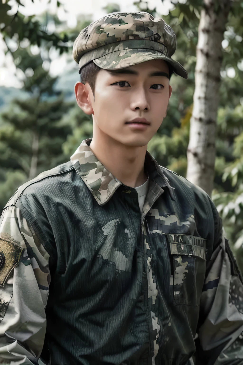 4k, (masterpiece), best quality, 2d, Brother Bing,Wear training uniform，Wearing a hat，Wearing a full set of military green camouflage uniforms, Unified background, Upper body unobstructed photos，Green Clothing，Southeast Asian Soldiers，