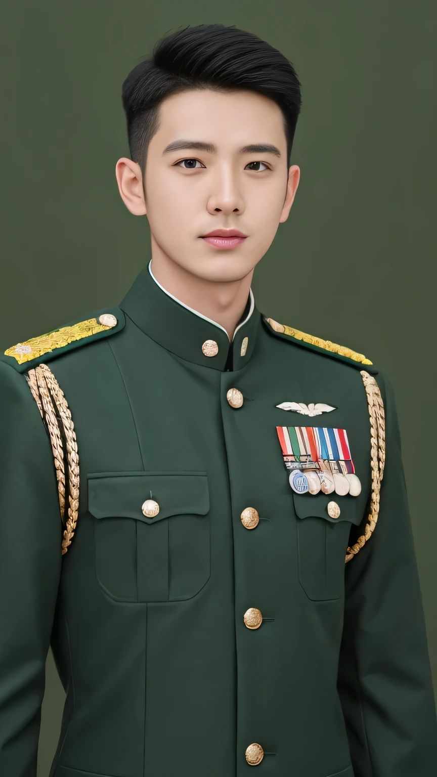 4k, (masterpiece), best quality, 2d, arafed man in a posing for a picture, Wearing Uniform,, Embroidered uniform guard, Wearing military uniform, yanjun chengt, Dressed in full military green, ficer, Unified background, Wearing a general,Upper body unobstructed photos,Green Clothing,Tough Guy,front Photo,Handsome hairstyle