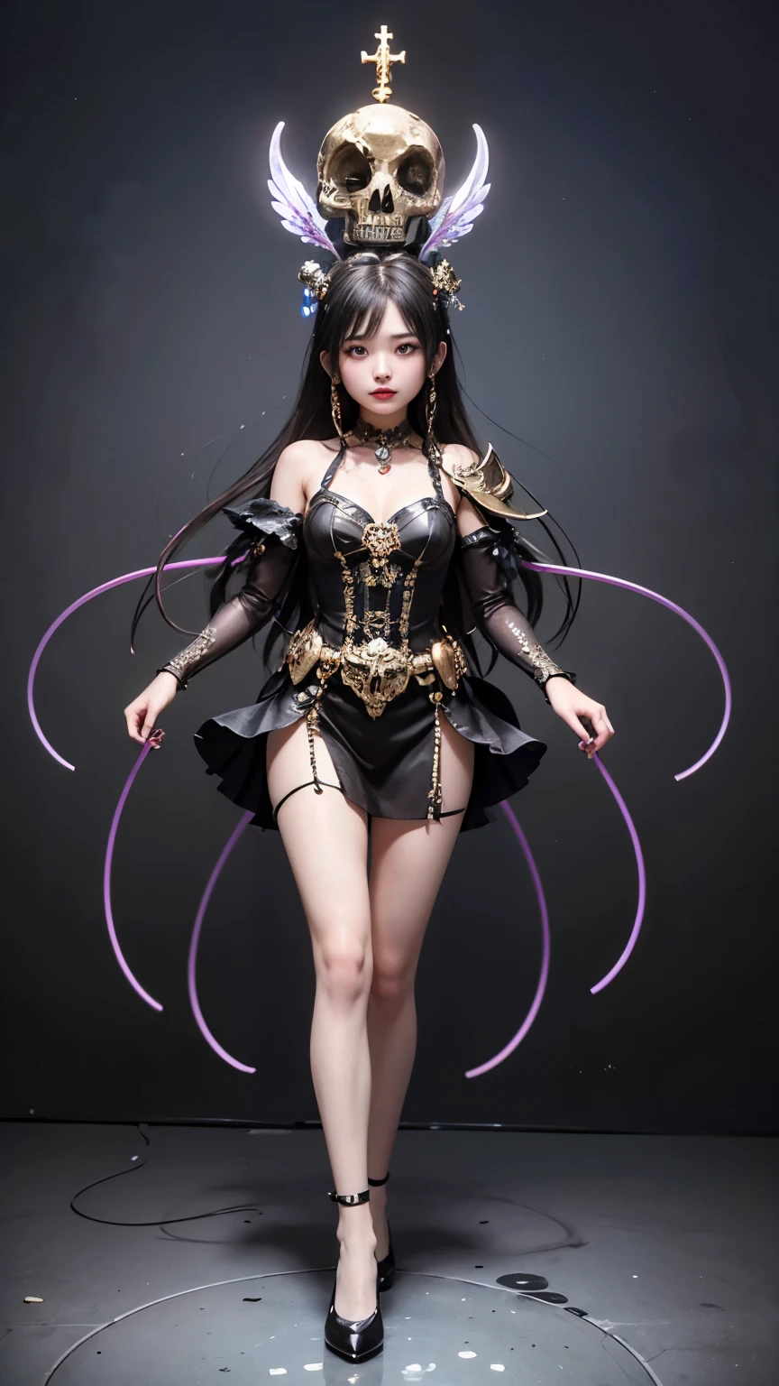 ((, The best quality at its best, 8k, masterpiece :1.3)),Full Body ,Droid (((masterpiece))),((The best quality at its best)),(Super detailed),(CG illustration),(very cunning and beautiful)),Light,(Exquisite skull decorative art),(Carefully carved skull jewelry),(Beautiful patterns are inlaid),Variety of colors,(dazzling),(Front view),Symmetrical Configuration(,Tattooed face),非常にcomplicatedな曲線とテクスチャ,Skull themed hair accessories,Light from the rear window causes backlighting,Skull Art,Line art, Head portrait, Front view, Clear focus , urltra Sharp focus on face ,(Best image quality, 4K, 8k, High resolution, masterpiece: 1.2), Super detailed, Realistic: 1.37, Metal skull close-up, 非常に大きなねじれた根を引っ張る抽象的なaltar (Mysterious metal skull), Glowing Eyes, Creepy waterfall on a skull, (rainbow, rainbow around the skull), Full of energy, The circular configuration、Shows the effects of various structural forces, 一peopleで, (Steampunk decorative elements, Equipment, Other elements). Pointer, Great decoration combination, (masterpiece, highest quality :1.3), Super detailed, complicated, 8k, High resolution, wallpaper, Cinema Lighting, (red glowing, 十字形のshine, Blooming Flowers)), gun, (Shooting location), shine, crown, armor, red glowing eyes, metal mechanism, Metal Wings, Horny sinfested with dreamy, transparent jellyfish)), Abstract twisted jellyfish tentacles, altar, A swarm of transparent tentacles on top of a skull, (Dark sunglasses, Highly reflective lens, 頭蓋骨の周りのrainbow), 力強いThe circular configuration、It just shows the influence of various structural forces. (Steampunk decorative elements, gear, Other elements). Pointer, Chain decoration combination, 「devil」Visualize as a symbol of chaos and darkness. Explaining symbols, Iconography, あるいはこの謎めいたpeople物に関連するイメージ. people々How do we react when we encounter these symbols?, and、What are the myths and legends surrounding them?? devilの存在を信じるpeople々Psychology and、We explore how it impacts their behavior and beliefs.。. In your story and worldbuilding、What does The Fiend mean??, andそれが物語の雰囲気にどのように貢献するのか?"