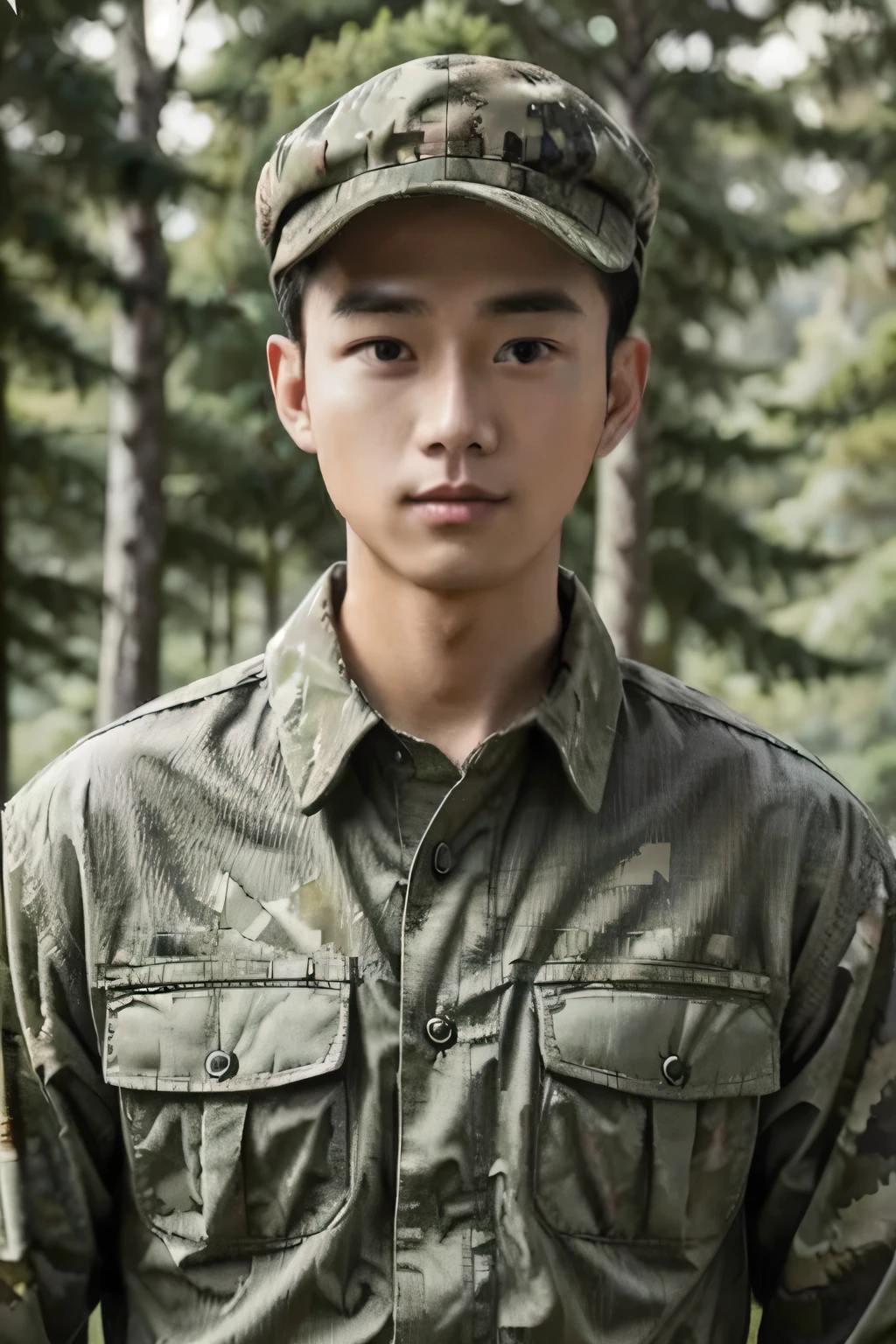 4k, (masterpiece), best quality, 2d, Brother Bing,Wear training uniform，Wearing a hat，Wearing a full set of military green camouflage uniforms, Unified background, Upper body unobstructed photos，Green Clothing，Southeast Asian Soldiers，