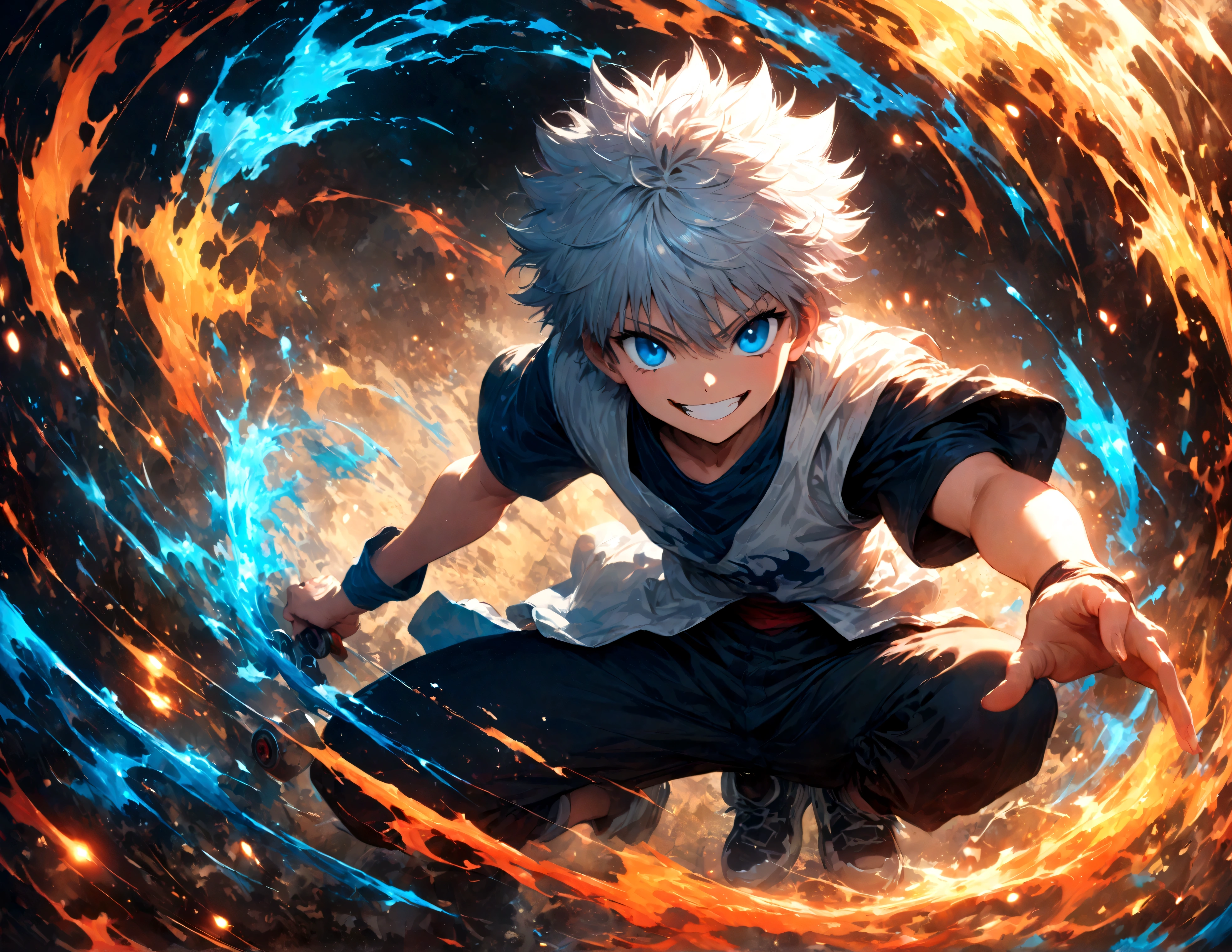 1 ager,Killua,Hunter x Hunter,Killua's outfit,Yo-yo,Sui Ishida's painting style,Intricate details,Use black and white as your main colors,Decadent,artwork,rendering,Dynamic Pose,(masterpiece:1.3),(highest quality:1.4),(ultra detailed:1.5),High resolution,extremely detailed,unity 8k wallpaper,Dark fantasy,Brush strokes,Glare,Battle Style,Crazy smile