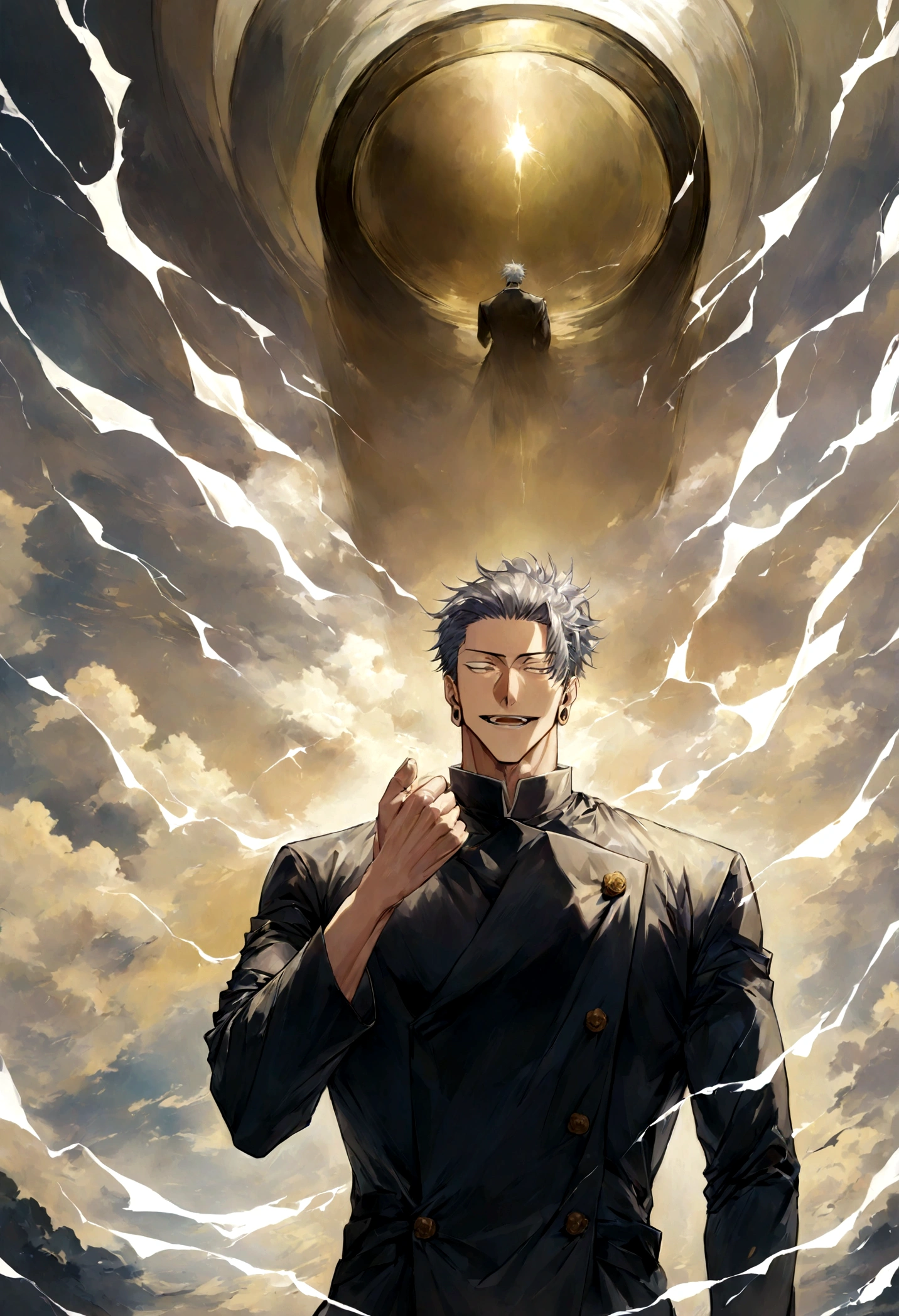 1 boy, Men's Center, Satoru gojou,Jujutsu Kaisen、Injury, electricity,, masterpiece, highest quality, so beautiful,、cool、、strongest、