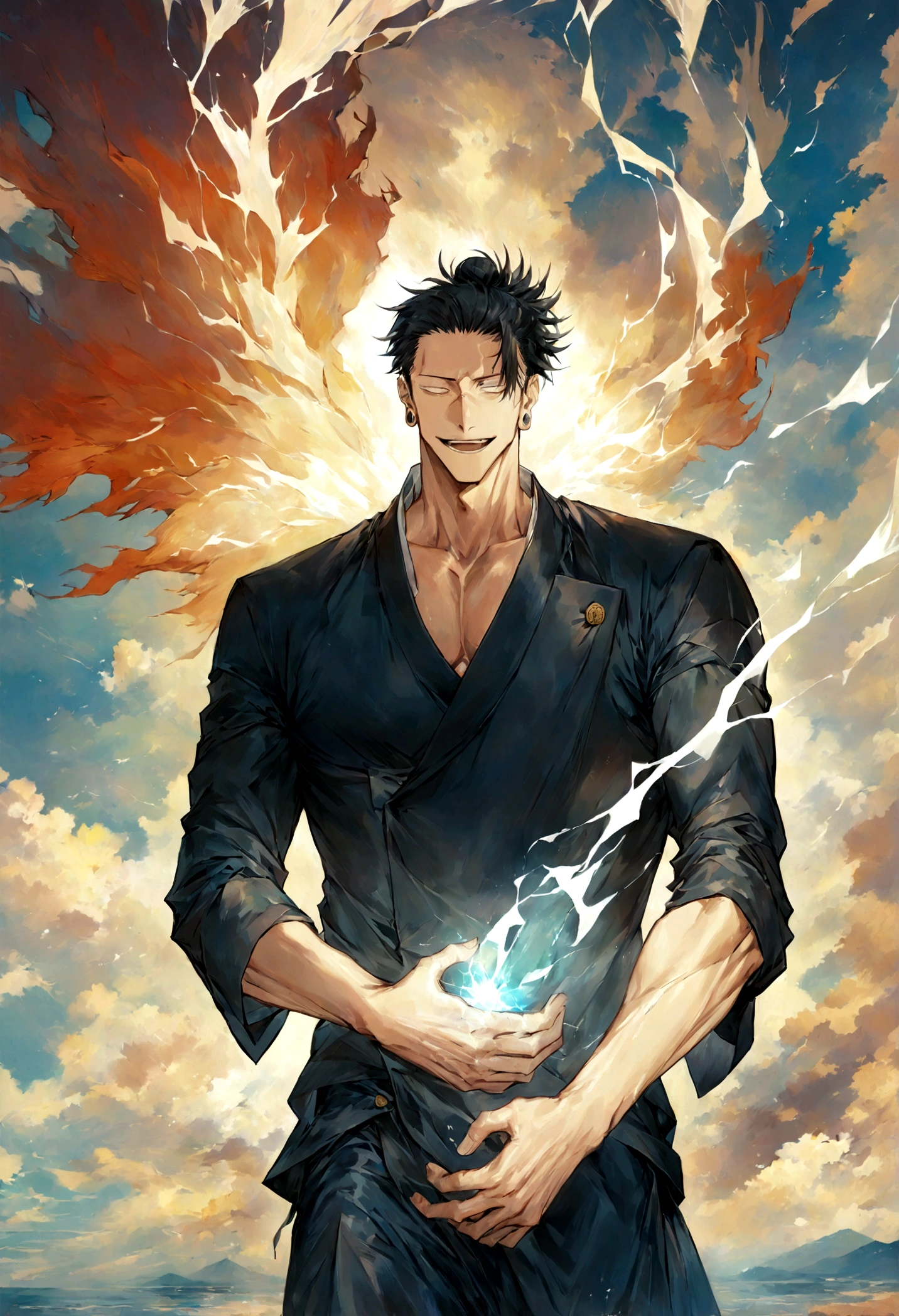 1 boy, Men's Center, Satoru gojou,Jujutsu Kaisen、Injury, electricity,, masterpiece, highest quality, so beautiful,、cool、、strongest、