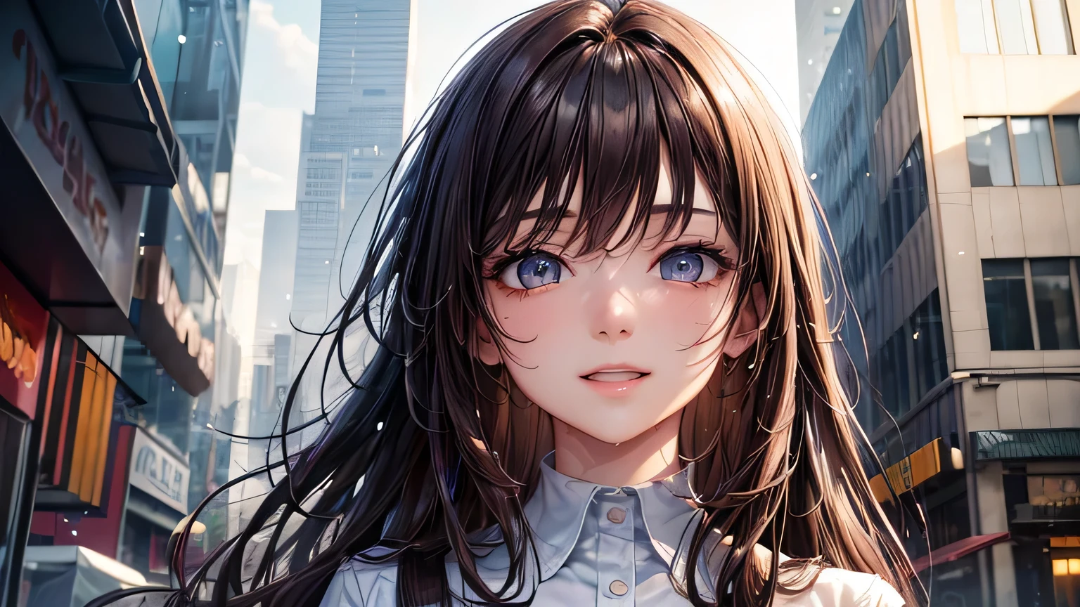 Beauty,1.3, Beautiful Hair: 1.2,1.2,City of night,Rainy Town,1.1, Ultra-high resolution, Accurate, Super detailed, Textured skin, High detail, highest quality, 8k,Thin bangs,Upper Body,Well-drawn eyes, Focus on the face,Detailed hair depiction,Detailed depiction of eyes、Detailed depiction of hair,The city where it is raining,Beautiful brown hair,Pale colored eyes,oversized white shirt,crowd,Wet Hair,Wet skin,Wet clothes,A big smile