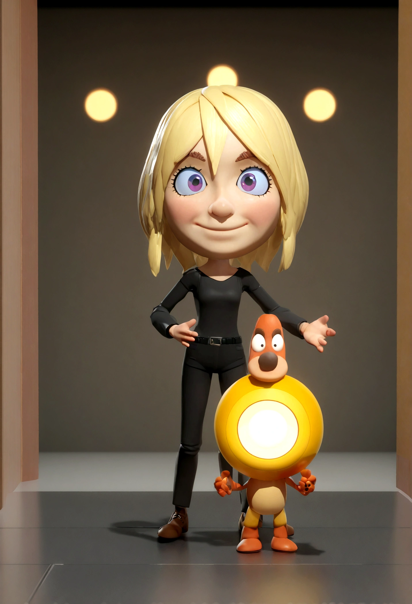 Cartoon character of a blonde woman with glasses and black shirt smiling at the camera, um personagem animado, Caractere estilizado, animation style rendering, 3D estilizado, Arnold Maya rendering, Stylized 3D rendering, toon render screenshot, Personagem 3D, Personagem 3D, Stylized 3D rendering, 3D character rendering, personagem de desenho animado, Personagem de close up, Pose de personagem, (Estilo Pixar) (parte mestre:1.2) (Bokeh) (melhor qualidade) (pele detalhada) (textura detalhada) (8K) (argila) (cinematic lighting) (sharp focus,Senta e vaza a parte superior do corpo
