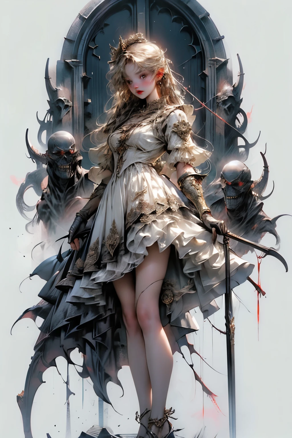 ((best quality)), ((masterpiece)), (detailed), perfect face ((best quality)), ((masterpiece)), (detailed), blank white background, plain background, white background, Bloodborne inspired, occult aesthetic, occult, detailed and intricate steampunk and detailed gothic, (zentangle, mandala, tangle, entangle), NSFW, torn clothing, Very dramatic and cinematic lighting, cosmic horror, grim-dark, side-lighting, perfect face, a beautiful goddess adorned and enshrined in armour, Bloodborne inspired , occult aesthetic , occult , detailed and intricate steampunk and detailed gothic , wielding a sword and holding a shield, NSFW, Fluttering lace flared short dress with frilly petticoats, knee length dress, pleated petticoats, ta dress, petticoats gothic loliside-lighting, gothic lolita aetic, beautiful small breasts, small breasts, full body, whole body, body, plain background, white background, blank background, no background, white background NSFW, full body, whole body, head-to-toe