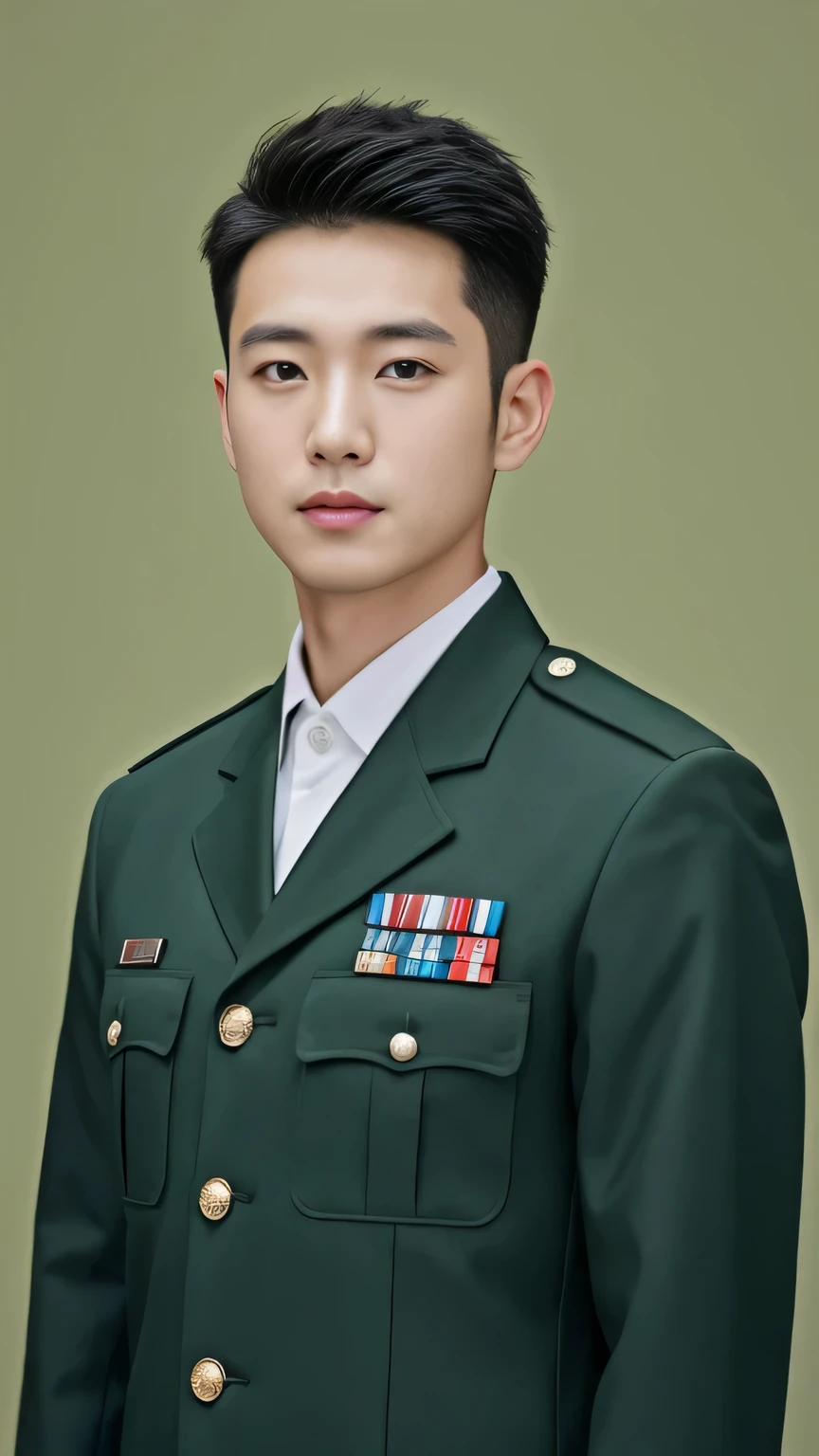 4k, (masterpiece), best of quality,  2d, arafed man in a  posing for a picture, Wearing Uniform,, Embroidered uniform guard, Wearing military uniform, yanjun chengt, Dressed in full military green, officer, Unified background, Wearing a general\of，Upper body unobstructed photos，Green Clothing，Tough Guy，Cool hairstyle，Positive face