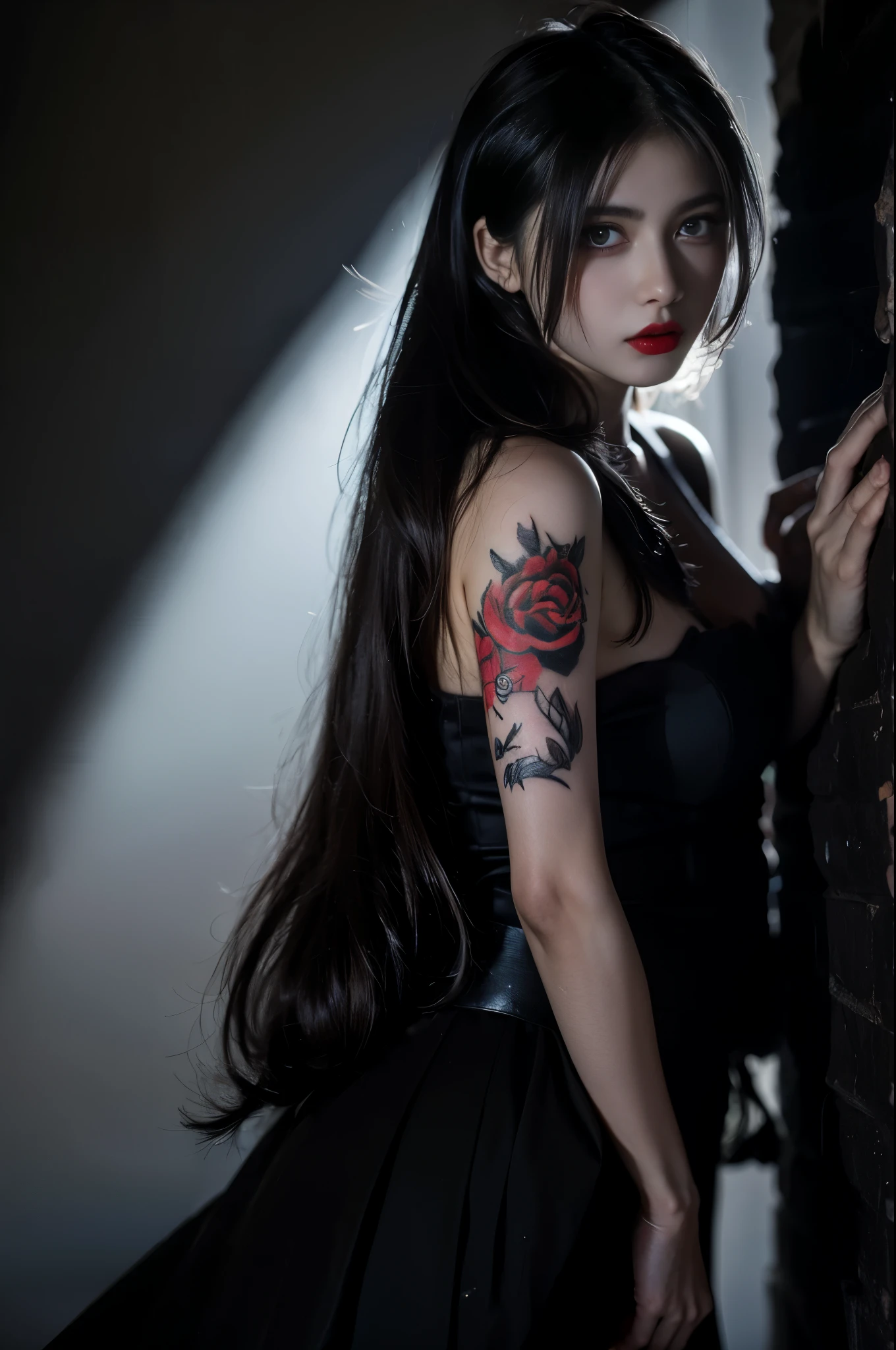 (High resolution,Practical) Long hair girl,skirt, Beautiful demon woman from hell, (in the darkness: 1.6), Very rich facial details，Red-black lips, Shoulder devil tattoo，rugged, Moderate: Detailed facial features, Determine the expression, Dark background