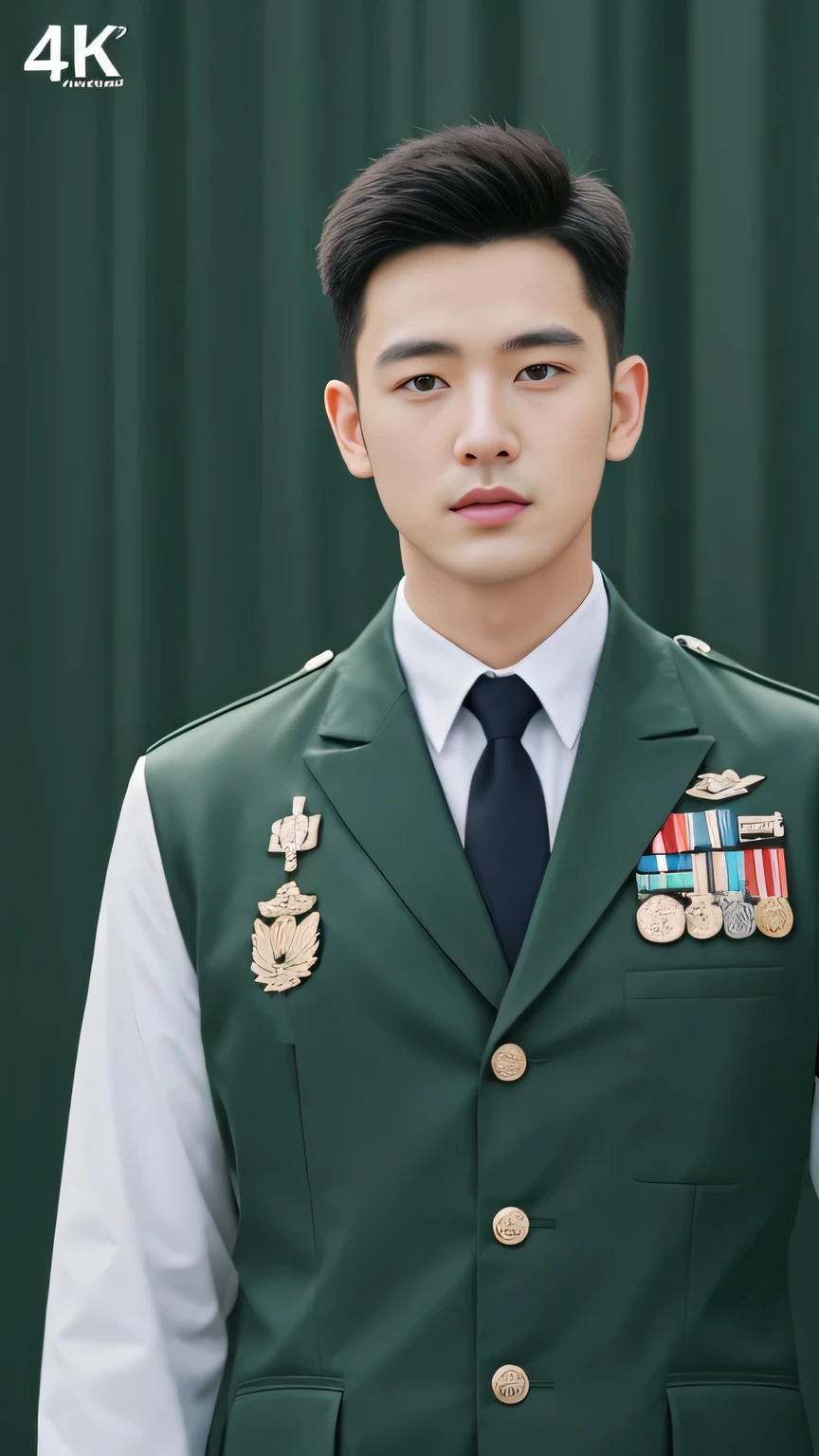 4k, (masterpiece), best of quality, 2d, arafed man in a posing for a picture, Wearing Uniform,, Embroidered uniform guard, Wearing military uniform, yanjun chengt, Dressed in full military green, officer, Unified background, Wearing a general\of,Upper body unobstructed photos,Green Clothing,Tough Guy,Cool hairstyle,Positive face