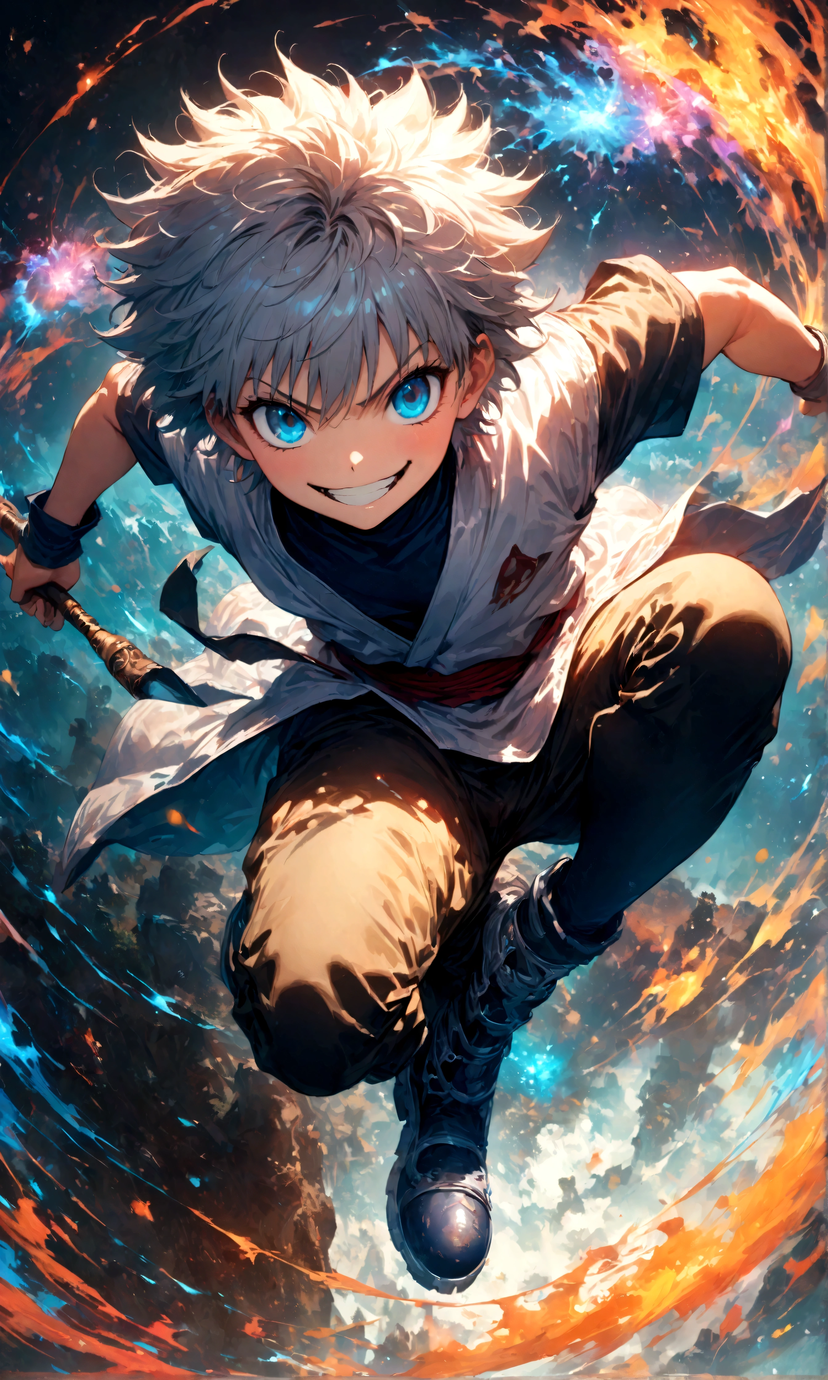 1 teenager,Killua,Hunter x Hunter,Killua&#39;s outfit,Yo-yo,Sui Ishida's painting style,Intricate details,Use black and white as your main colors,Decadent,artwork,rendering,Dynamic Pose,(masterpiece:1.3),(highest quality:1.4),(ultra detailed:1.5),High resolution,extremely detailed,unity 8k wallpaper,Dark fantasy,Brush strokes,Glare,Battle Style,Crazy smile