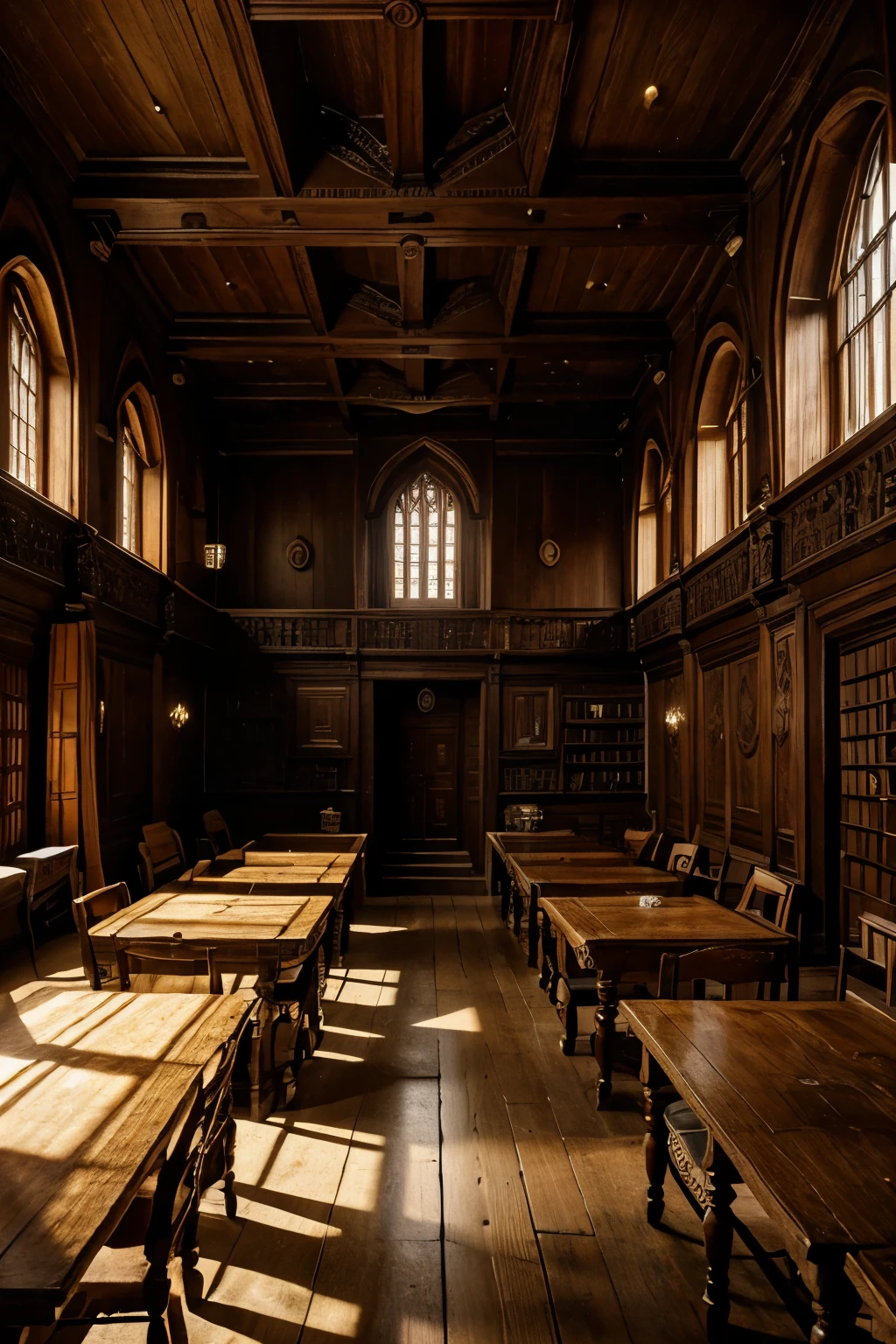 spacious hall, the light come from a hole in the high celling, there is a lot of plants around the corners, walls are made of wood, ancient high detailed chairs and tables in the hall ,{{masterpiece}}, professional photography, high details, wooden colmns