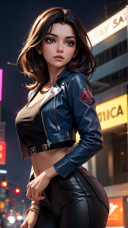 Portrait of aishw, as a beautiful female model, cleavage, beautiful face, in cyberpunk city at night. she is wearing a leather jacket, black jeans, dramatic lighting, (police badge:1.2)