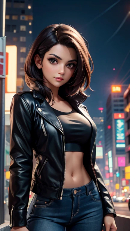 [[Flirty Gaze]] Portrait of Indian most beautiful and attractive Punjabi woman in her 40s as a beautiful female model, Georgia Fowler, beautiful face, with short dark brown hair, in cyberpunk city at night. She is wearing a dark blue leather jacket,
