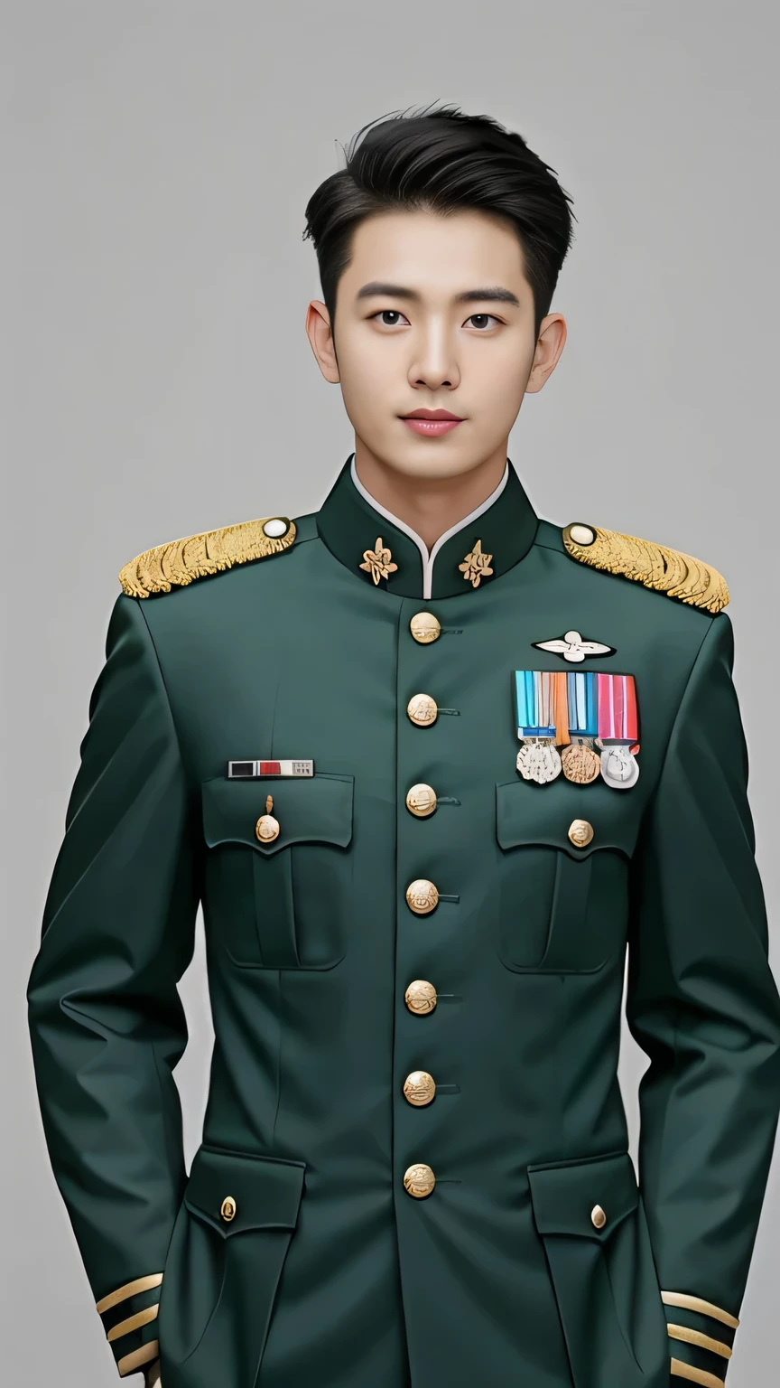 4k, (masterpiece), best of quality, 2d, arafed man in a posing for a picture, Wearing Uniform,, Embroidered uniform guard, Wearing military uniform, yanjun chengt, Dressed in full military green, officer, Unified background, Wearing a general\of,Upper body unobstructed photos,Green Clothing,Tough Guy,Cool hairstyle,Positive face