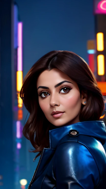 [[Flirty Gaze]] Portrait of Indian most beautiful and attractive Punjabi woman in her 40s as a beautiful female model, Georgia Fowler, beautiful face, with short dark brown hair, in cyberpunk city at night. She is wearing a dark blue leather jacket,
