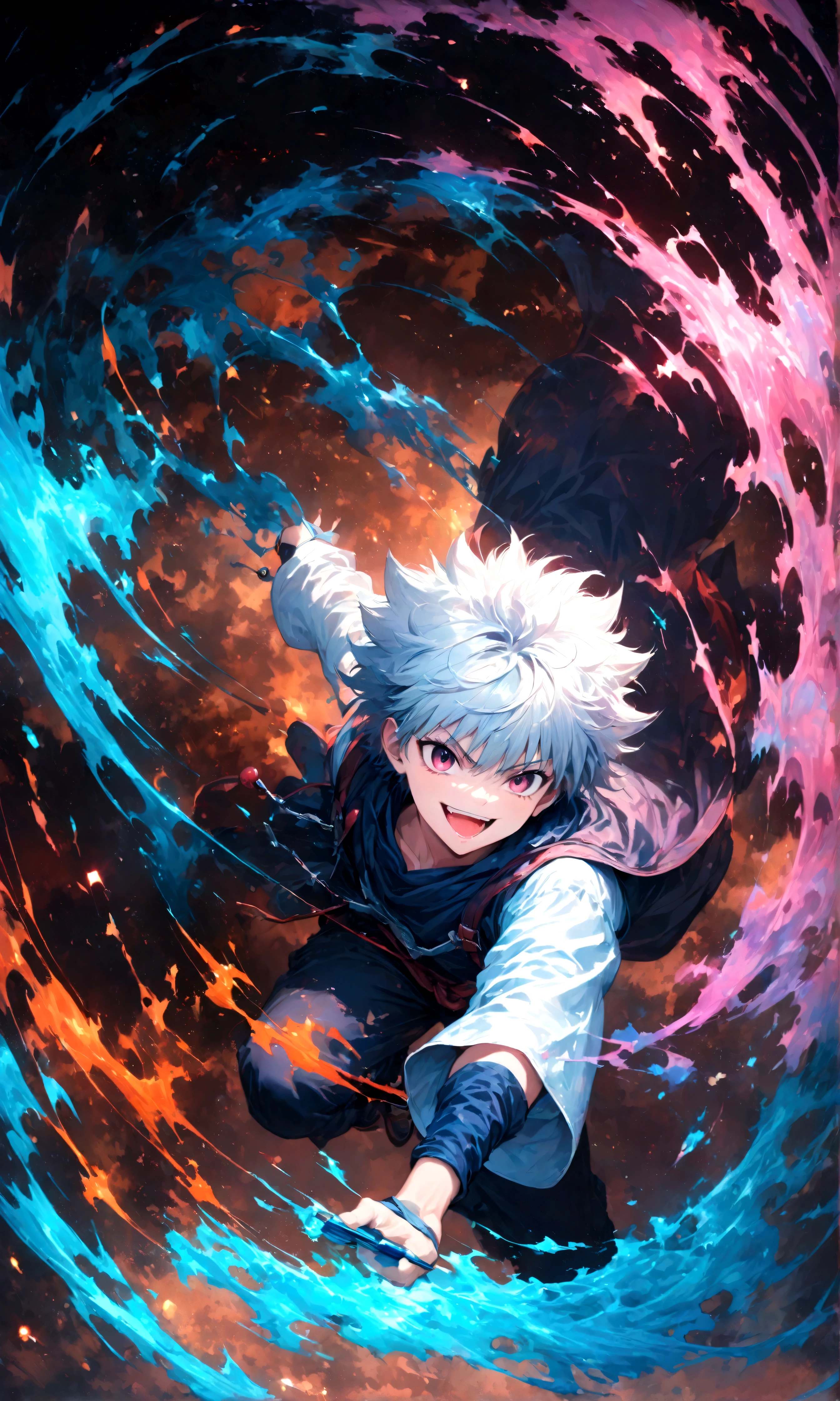 1 teenager,Killua,Hunter x Hunter,Killua's outfit,Yo-yo,Sui Ishida's painting style,Intricate details,Use black and white as your main colors,Decadent,artwork,rendering,Dynamic Pose,(masterpiece:1.3),(highest quality:1.4),(ultra detailed:1.5),High resolution,extremely detailed,unity 8k wallpaper,Dark fantasy,Brush strokes,Glare,Battle Style,Crazy smile