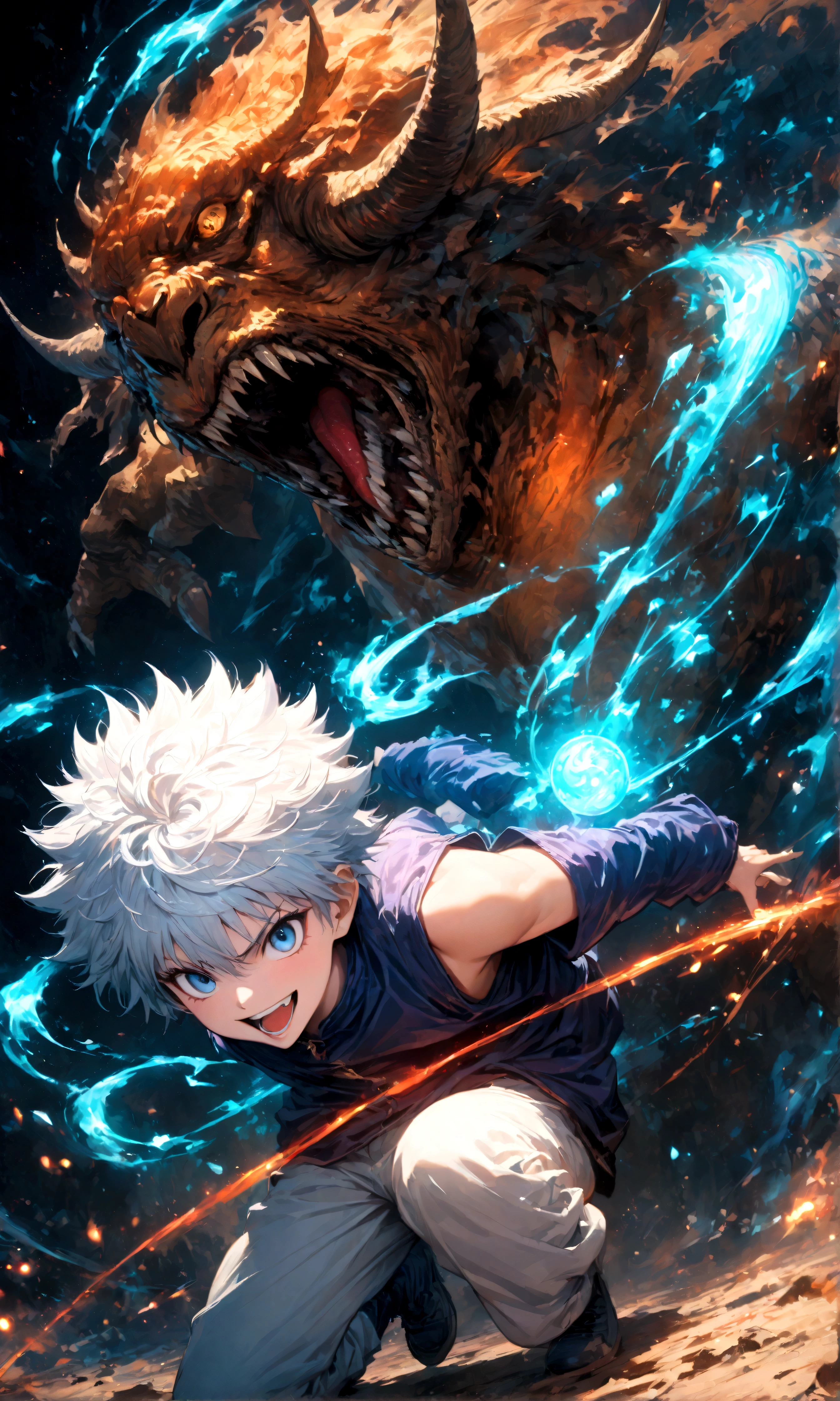 1 ager,Killua,Hunter x Hunter,Killua's outfit,Yo-yo,Sui Ishida's painting style,Intricate details,Use black and white as your main colors,Decadent,artwork,rendering,Dynamic Pose,(masterpiece:1.3),(highest quality:1.4),(ultra detailed:1.5),High resolution,extremely detailed,unity 8k wallpaper,Dark fantasy,Brush strokes,Glare,Battle Style,Crazy smile