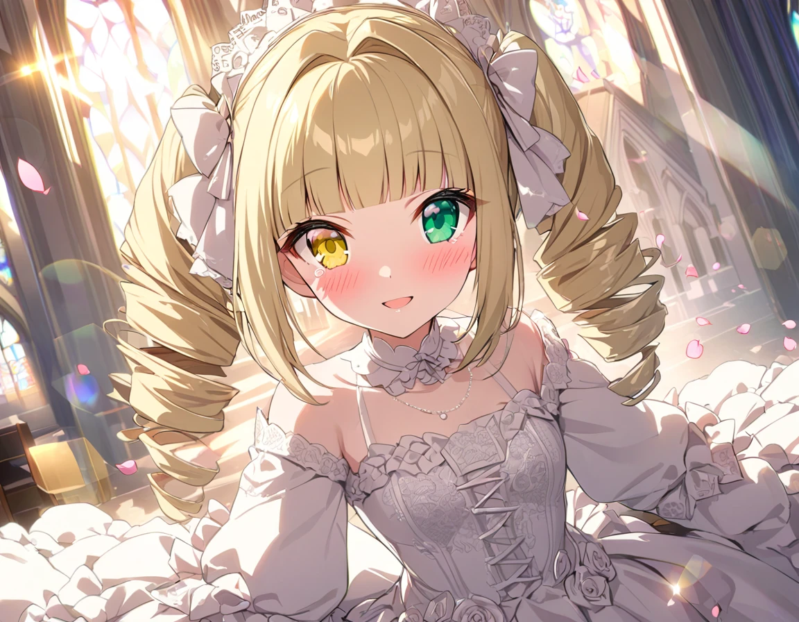 master piece Highest quality Unity 16k,1 girl、(((twin drill))),drill hair,white hairribbon,medium hair,((hair intakes;1.4)),light blonde hair,(blunt bangs:2.0),heterochromia green eye yellow eye,short stature,small breasts:1.3,(wedding dress ta1.5)),(smile),lace up boots,blush,tears,church,petals:1.4,wind,(Lens flare:1.8),illusion effect
