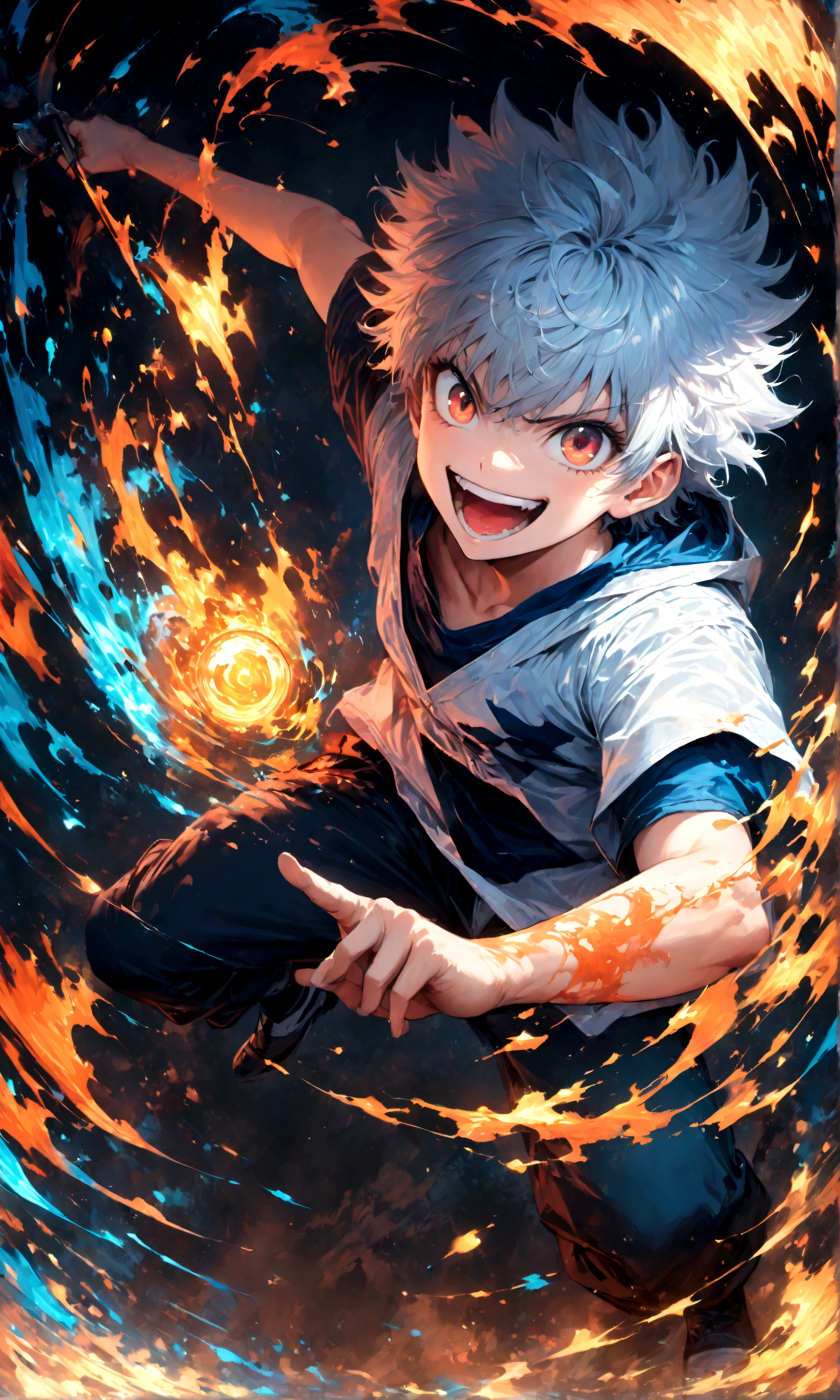 1 teenager,Killua,Hunter x Hunter,Killua&#39;s outfit,Yo-yo,Sui Ishida's painting style,Intricate details,Use black and white as your main colors,Decadent,artwork,rendering,Dynamic Pose,(masterpiece:1.3),(highest quality:1.4),(ultra detailed:1.5),High resolution,extremely detailed,unity 8k wallpaper,Dark fantasy,Brush strokes,Glare,Battle Style,Crazy smile