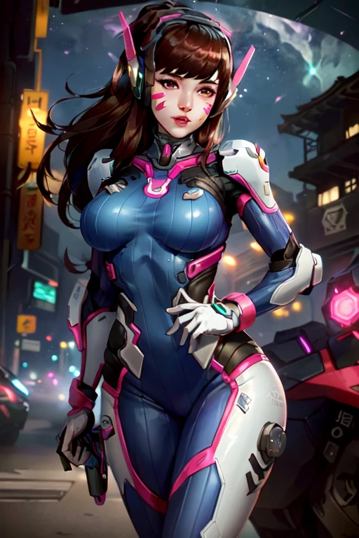 (masterpiece, best quality, ultra detailed, absurdres)1.5, 1girl, (sexy, beautiful woman, perfect face, perfect eyes, perfect female body, huge breasts)1.5, (dvaover, d.va \(overwatch\), long hair, brown hair, swept bangs, headphones, blue bodysuit, ribbed bodysuit, pilot suit, bunny print, v, whisker markings, facepaint, white gloves, facial mark, pink lips, high collar, shoulder pads, ), (standing, meka \(overwatch\), robot, science fiction, Korean city in background, night sky), perfect lighting, smooth, hdr