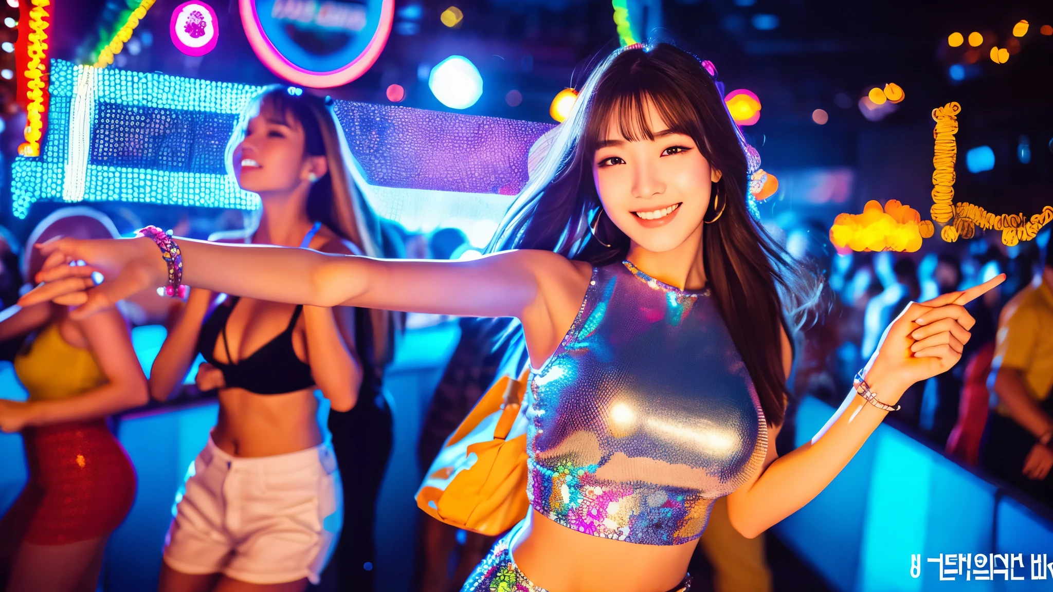 18-year-old supermodel-style girl with detailed full body, beautiful and adorable korean girl,Highly detailed, Vibrant, Ultra High Quality, Hyper-Realism, Photorealism, at disco, dancing with disco music