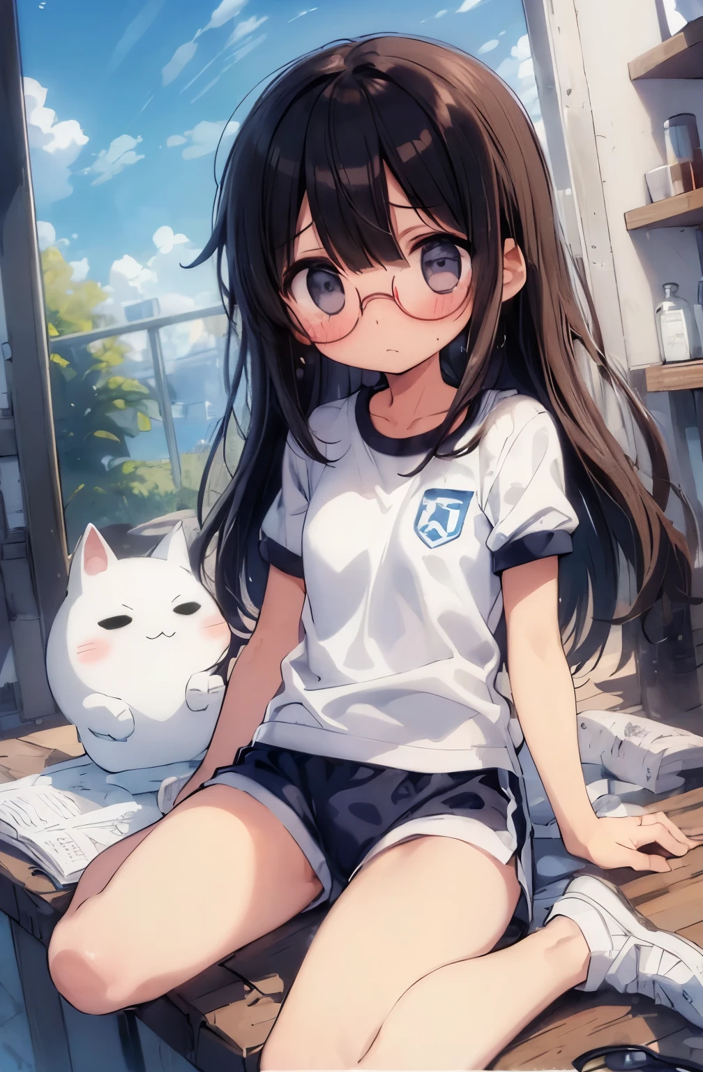 (big round glasses:1.3)、(Timid girl、blush、Watery eye:1.2)、Long black hair、White short sleeve shirt、Navy blue shorts、Gym suit、  body、Flat body