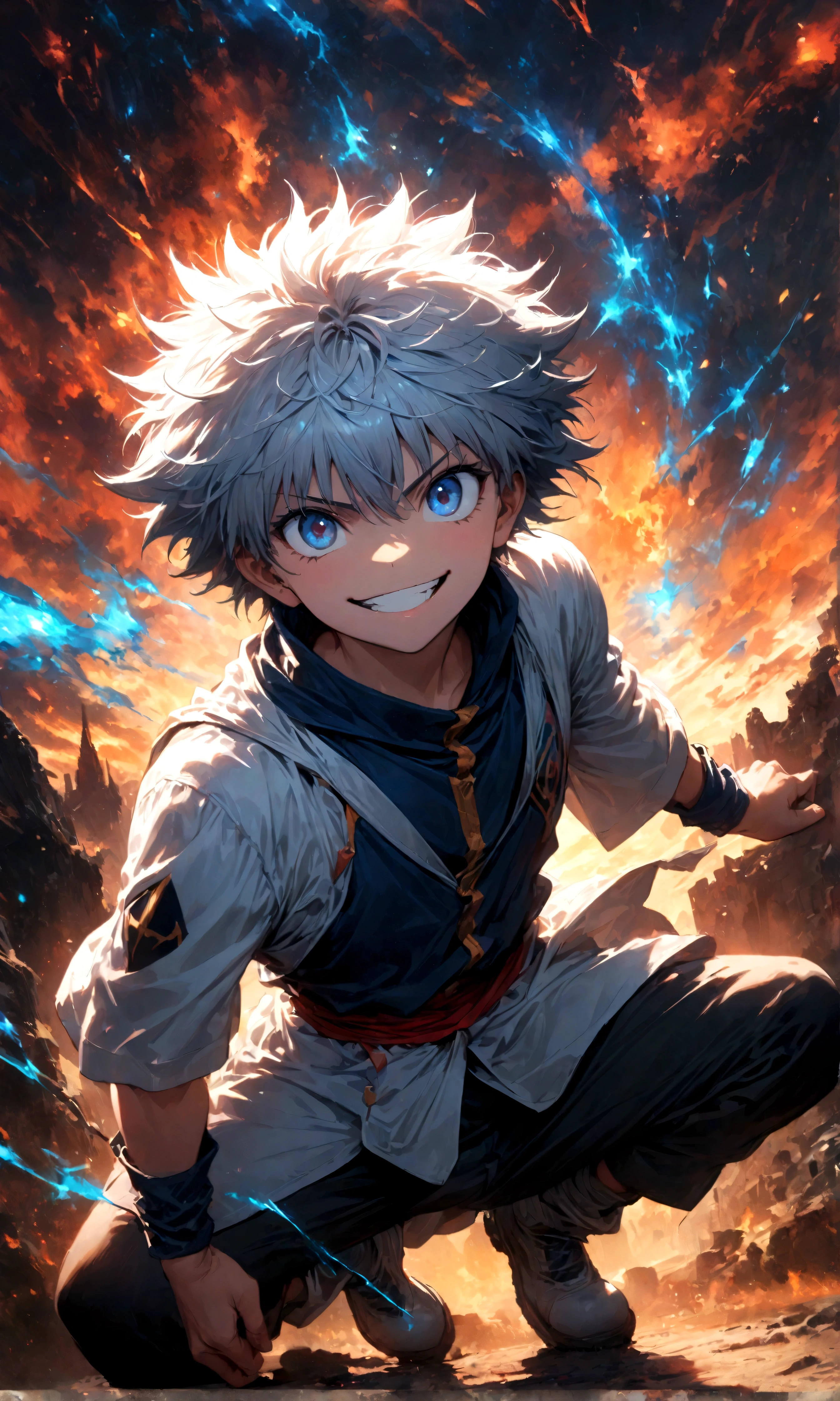 1 teenager,Killua,Hunter x Hunter,Killua&#39;s outfit,Yo-yo,Sui Ishida's painting style,Intricate details,Use black and white as your main colors,Decadent,artwork,rendering,Dynamic Pose,(masterpiece:1.3),(highest quality:1.4),(ultra detailed:1.5),High resolution,extremely detailed,unity 8k wallpaper,Dark fantasy,Brush strokes,Glare,Battle Style,Crazy smile