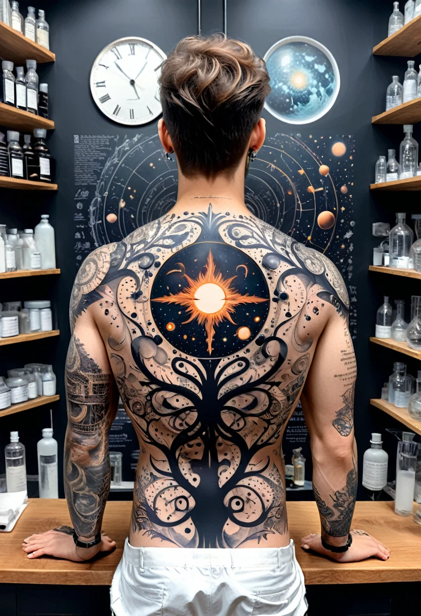 Back Tattoo, In the laboratory, a physicist's back is tattooed with patterns of timelines and black holes, reflecting his scientific exploration of time travel and the mysteries of the universe, (masterpiece, best quality, Professional, perfect composition, very aesthetic, absurdres, ultra-detailed, intricate details:1.3)