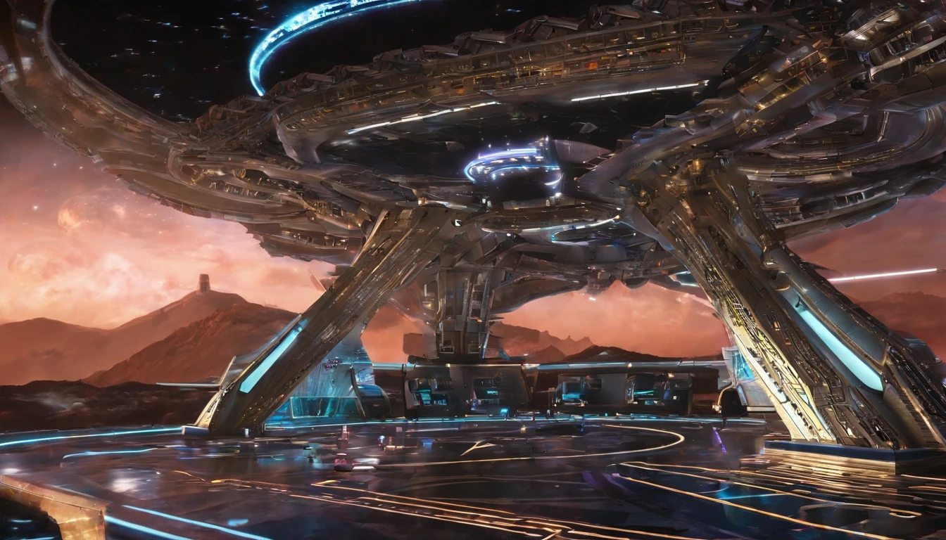 5An avant-garde, awe-inspiring 3D render of a futuristic starship, masterfully blending the imaginative realms of Jules Verne, Cosmicpunk, Gerry and Sylvia Anderson, Larry Niven, and Jules Verne. The spaceship's base design is inspired by 30% of the Babylon 5 station, while its bridge resembles a 75% version of a 1957 Chevy Nomad and a 1980s Mack Truck cab. A breathtaking conceptual art piece showcasing an enormous space station, Deep Space 9 style but in the shape of Babylon 5. In the style of protovision and 3D render, the station is surrounded by six O'Neal Class space stations, arranged in equilateral formation, with one in the center. The space station is as massive as 10 times Saturn and generates its own power, illuminating the surrounding area with vibrant glass and crystal diamond-like structures. It's a world memorizing world into itself. At the zenith, of the structure is the command center, in the shape of a metallic gold wired constructed circular 1974 Winnebago. This cinematic scene, inspired by Walter Matt Jeffries, Arthur C Clarke, & Leonardo Da Vinci, features a massive bustling spaceport with hundreds of starships constantly arriving and departing, while the background showcases a stunning cosmic landscape of stars, a nebula, and a comet. It's in 2 million UHD Resolution. The overall composition is a masterful blend of architecture, portrait photography, and the vision of life in the year 5,000., conceptual art, fashion, cinematic, photo, dark fantasy, 3d render, portrait photography, graffiti, architecture, Vibrant Glass.