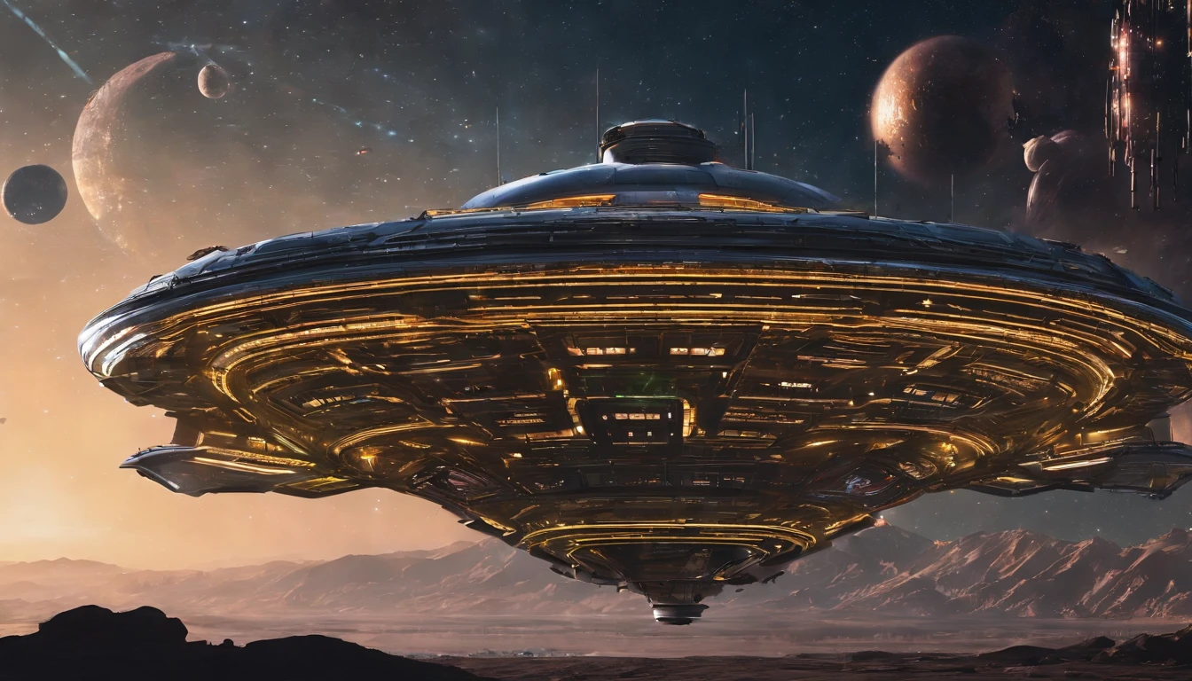 5An avant-garde, awe-inspiring 3D render of a futuristic starship, masterfully blending the imaginative realms of Jules Verne, Cosmicpunk, Gerry and Sylvia Anderson, Larry Niven, and Jules Verne. The spaceship's base design is inspired by 30% of the Babylon 5 station, while its bridge resembles a 75% version of a 1957 Chevy Nomad and a 1980s Mack Truck cab. A breathtaking conceptual art piece showcasing an enormous space station, Deep Space 9 style but in the shape of Babylon 5. In the style of protovision and 3D render, the station is surrounded by six O'Neal Class space stations, arranged in equilateral formation, with one in the center. The space station is as massive as 10 times Saturn and generates its own power, illuminating the surrounding area with vibrant glass and crystal diamond-like structures. It's a world memorizing world into itself. At the zenith, of the structure is the command center, in the shape of a metallic gold wired constructed circular 1974 Winnebago. This cinematic scene, inspired by Walter Matt Jeffries, Arthur C Clarke, & Leonardo Da Vinci, features a massive bustling spaceport with hundreds of starships constantly arriving and departing, while the background showcases a stunning cosmic landscape of stars, a nebula, and a comet. It's in 2 million UHD Resolution. The overall composition is a masterful blend of architecture, portrait photography, and the vision of life in the year 5,000., conceptual art, fashion, cinematic, photo, dark fantasy, 3d render, portrait photography, graffiti, architecture, Vibrant Glass.