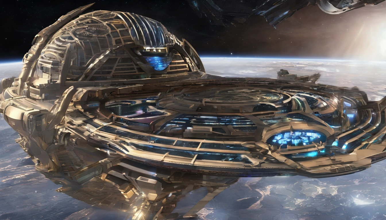 5An avant-garde, awe-inspiring 3D render of a futuristic starship, masterfully blending the imaginative realms of Jules Verne, Cosmicpunk, Gerry and Sylvia Anderson, Larry Niven, and Jules Verne. The spaceship's base design is inspired by 30% of the Babylon 5 station, while its bridge resembles a 75% version of a 1957 Chevy Nomad and a 1980s Mack Truck cab. A breathtaking conceptual art piece showcasing an enormous space station, Deep Space 9 style but in the shape of Babylon 5. In the style of protovision and 3D render, the station is surrounded by six O'Neal Class space stations, arranged in equilateral formation, with one in the center. The space station is as massive as 10 times Saturn and generates its own power, illuminating the surrounding area with vibrant glass and crystal diamond-like structures. It's a world memorizing world into itself. At the zenith, of the structure is the command center, in the shape of a metallic gold wired constructed circular 1974 Winnebago. This cinematic scene, inspired by Walter Matt Jeffries, Arthur C Clarke, & Leonardo Da Vinci, features a massive bustling spaceport with hundreds of starships constantly arriving and departing, while the background showcases a stunning cosmic landscape of stars, a nebula, and a comet. It's in 2 million UHD Resolution. The overall composition is a masterful blend of architecture, portrait photography, and the vision of life in the year 5,000., conceptual art, fashion, cinematic, photo, dark fantasy, 3d render, portrait photography, graffiti, architecture, Vibrant Glass.