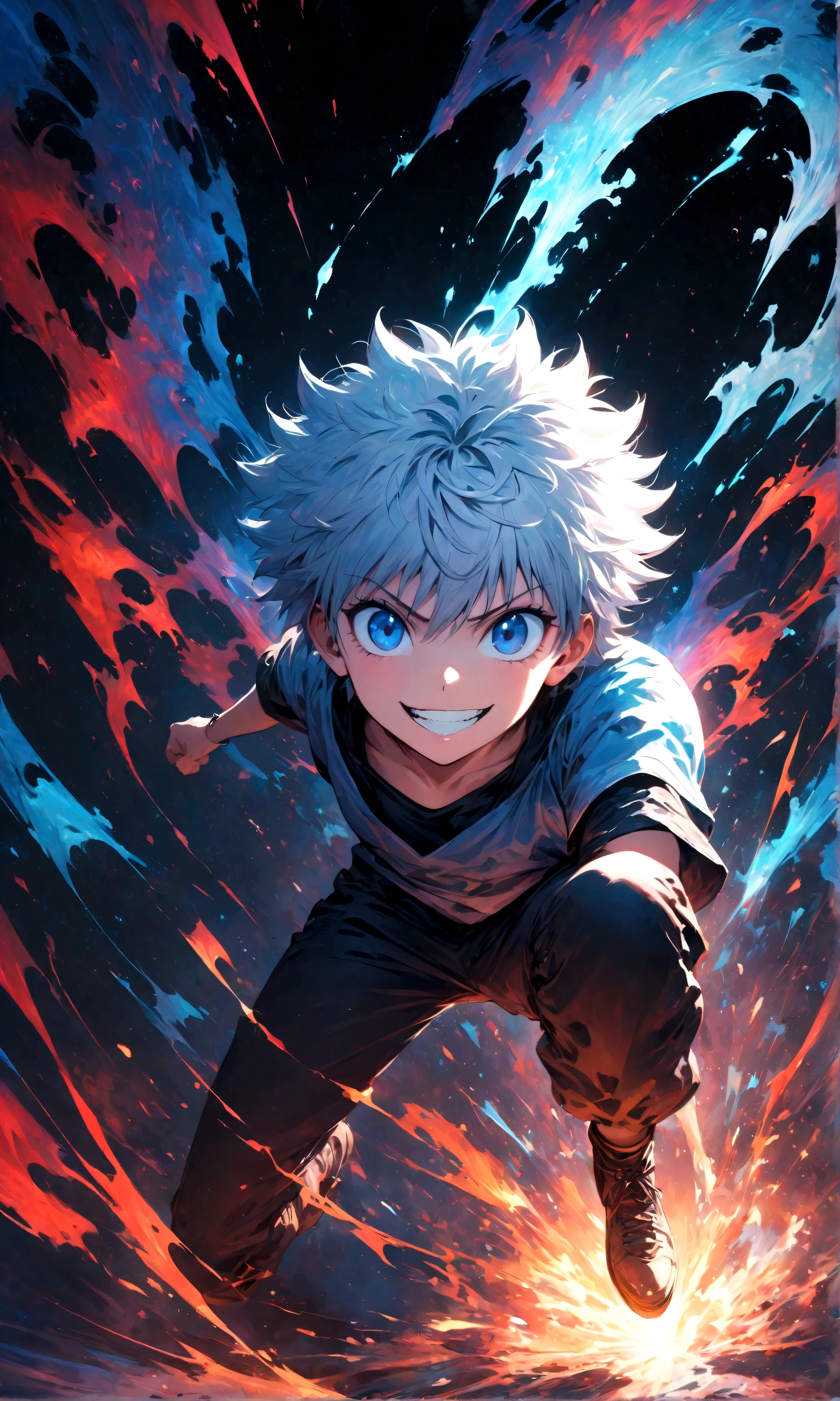 1 teenager,Killua,Hunter x Hunter,,Sui Ishida's painting style,Intricate details,Use black and white as your main colors,Decadent,artwork,rendering,Dynamic Pose,(masterpiece:1.3),(highest quality:1.4),(ultra detailed:1.5),High resolution,extremely detailed,unity 8k wallpaper,Dark fantasy,Brush strokes,Glare,Battle Style,Crazy smile