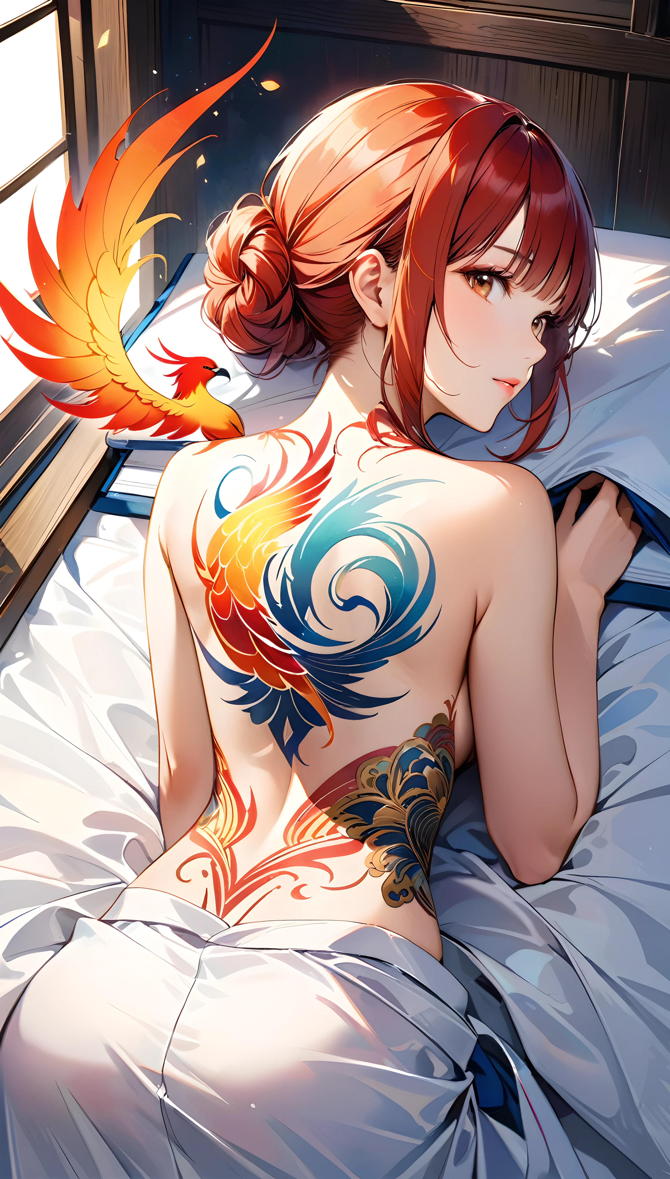 ((SFW)), Creating artwork based on the theme of back tattoos, Surreal, Lie on the futon with your back to the viewers, 1girl, alone, bewitching and attractive, Japanese Mafia, Upper body onlyHalf-naked, Upper body only,
BREAK Realistic, Japanese style room background, Tatami room, ((On the white blanket)), Detailed and realistic, A dark room where the subject stands out, Dramatic lighting effects,
BREAK A dynamic perspective of a woman's back as she lies face down, Focus on the back, Sexy upper body shot, Upper body only photo shoot,
BREAK ((Phoenix tattoo on the back, Japanese watercolor)),
A dynamic phoenix that looks ready to take flight, Seamlessly connecting the front and back of the Phoenix, A depiction of a phoenix taking off from his back, Transparent Japanese watercolor, ((Aesthetic tattoos)),
Ukiyo-e style, Dull pastel colors, Blurred semi-transparent full color, Japanese watercolorの入れ墨,
A seamless blend of tattoos and attractive skin, ((Tattoos in Japanese style)),
BREAK Realistic and accurate movement, Use all kinds of effects to captivate your audience,
BREAK Ultra-realism, Detailed and realistic skin texture, Detailed and intricate texture, Delicate and intricate brushwork, Detailed and clear depiction, Transparent depiction, Highly detailed and aesthetically pleasing,
BREAK Highest Quality, Highest Resolution, 16k, Optimal rendering,